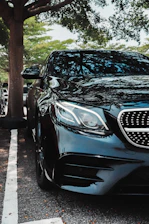 A sleek black car parked under trees
