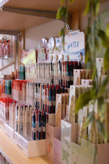 Stationery items displayed on store shelves