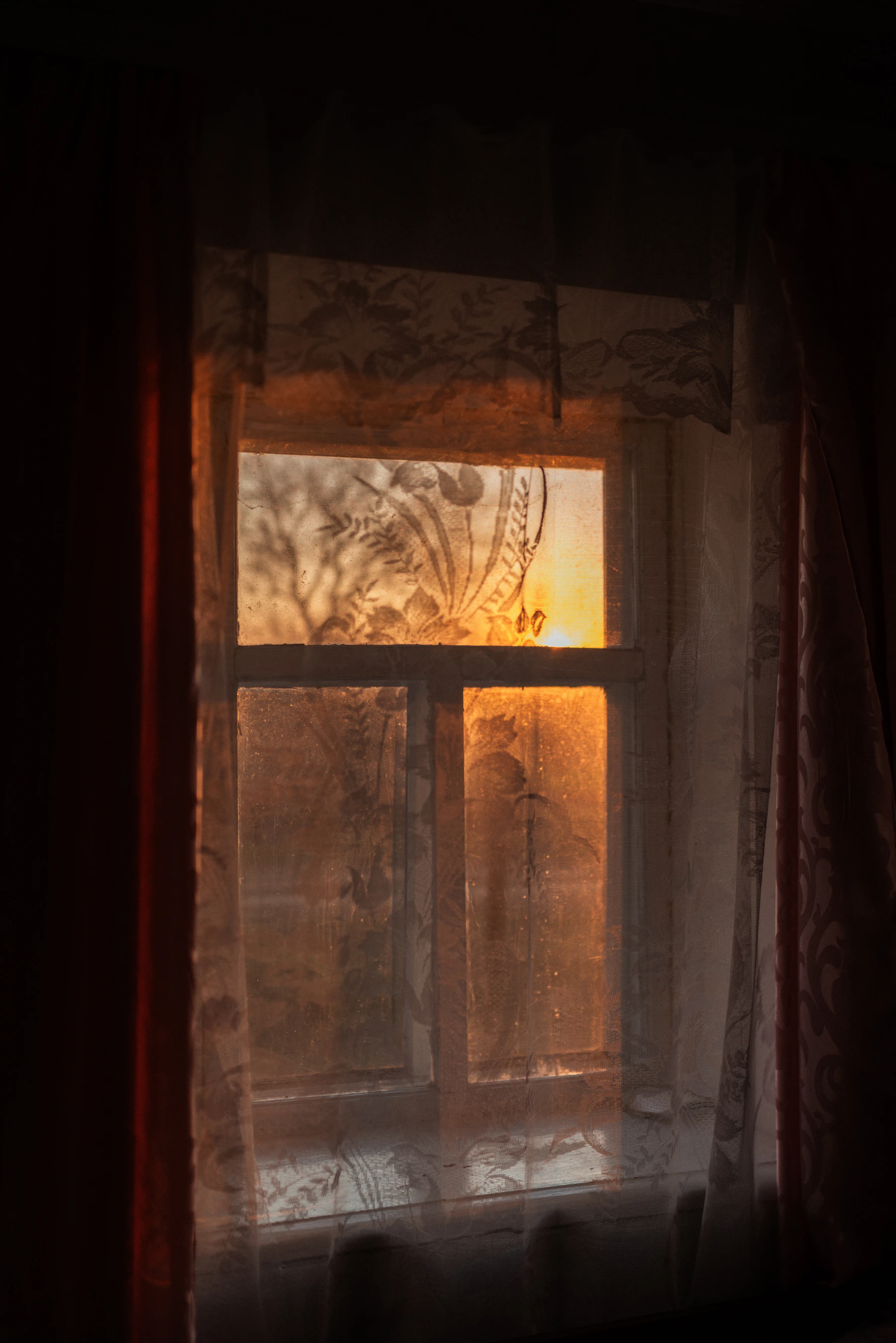 Evening light through a curtained window, the room settled.