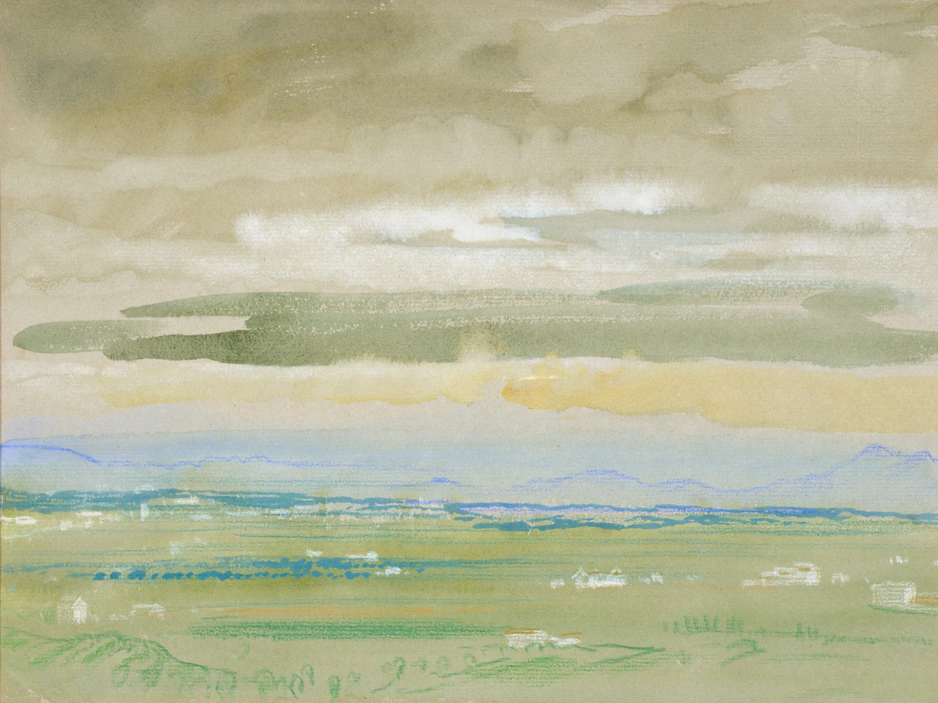 A hazy landscape with distant mountains and clouds