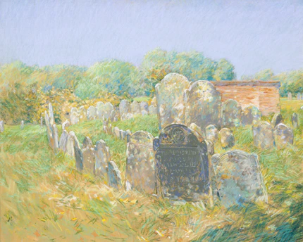 Old gravestones in a historic cemetery with trees.