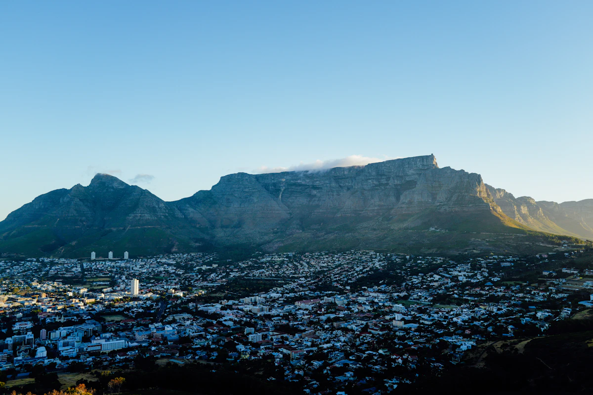 Table Mountain rising above Cape Town in the clear light of dawn