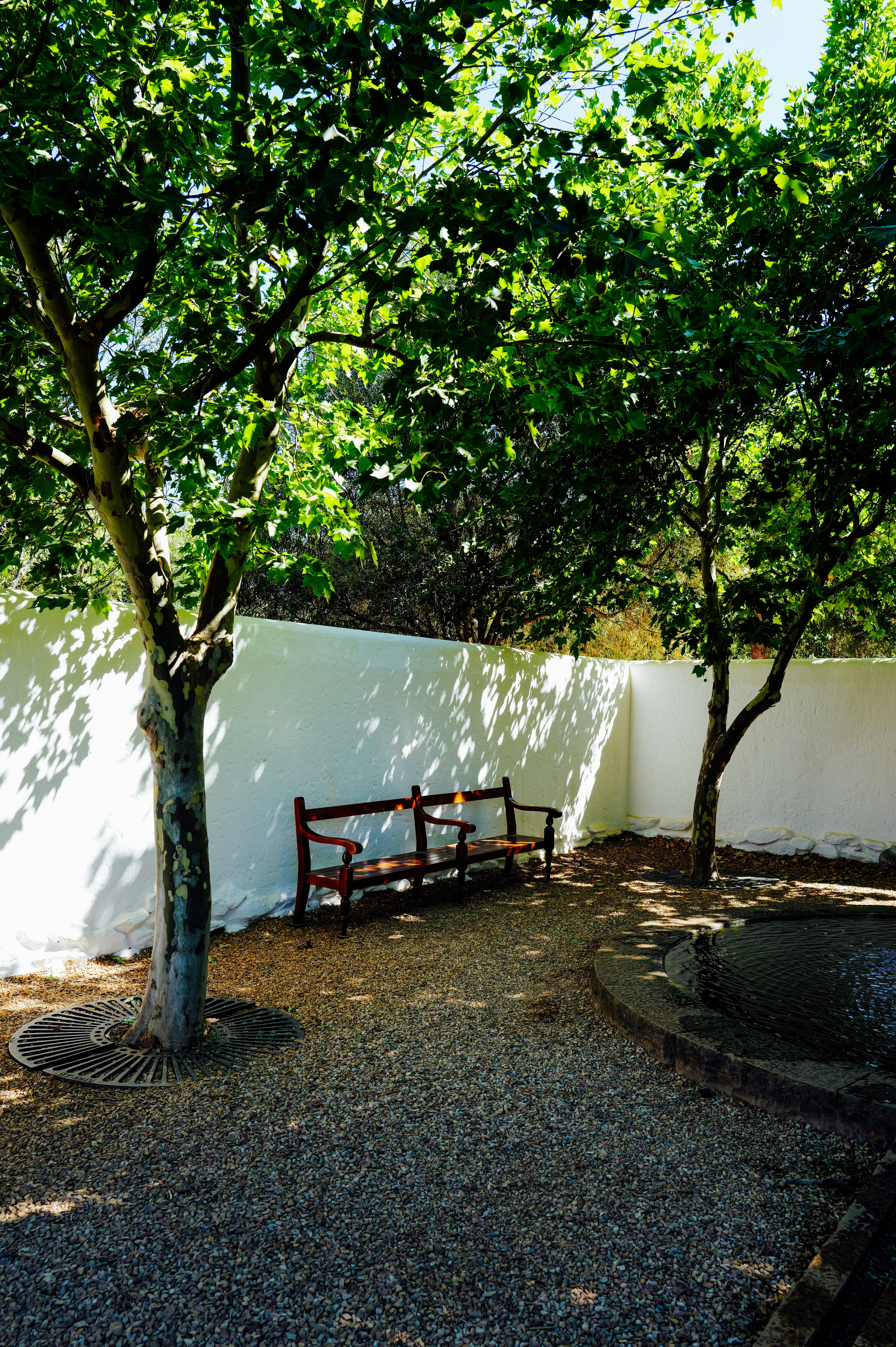 Two wooden benches sit in a shaded courtyard.