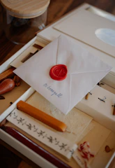 Sealed letter with wax seal and calligraphy supplies.