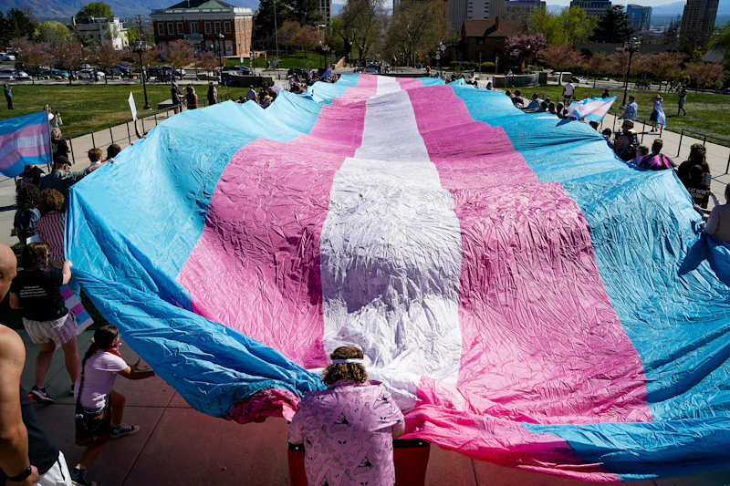 Community proudly displaying a large transgender pride flag