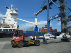 A port with a ship and cargo crane.