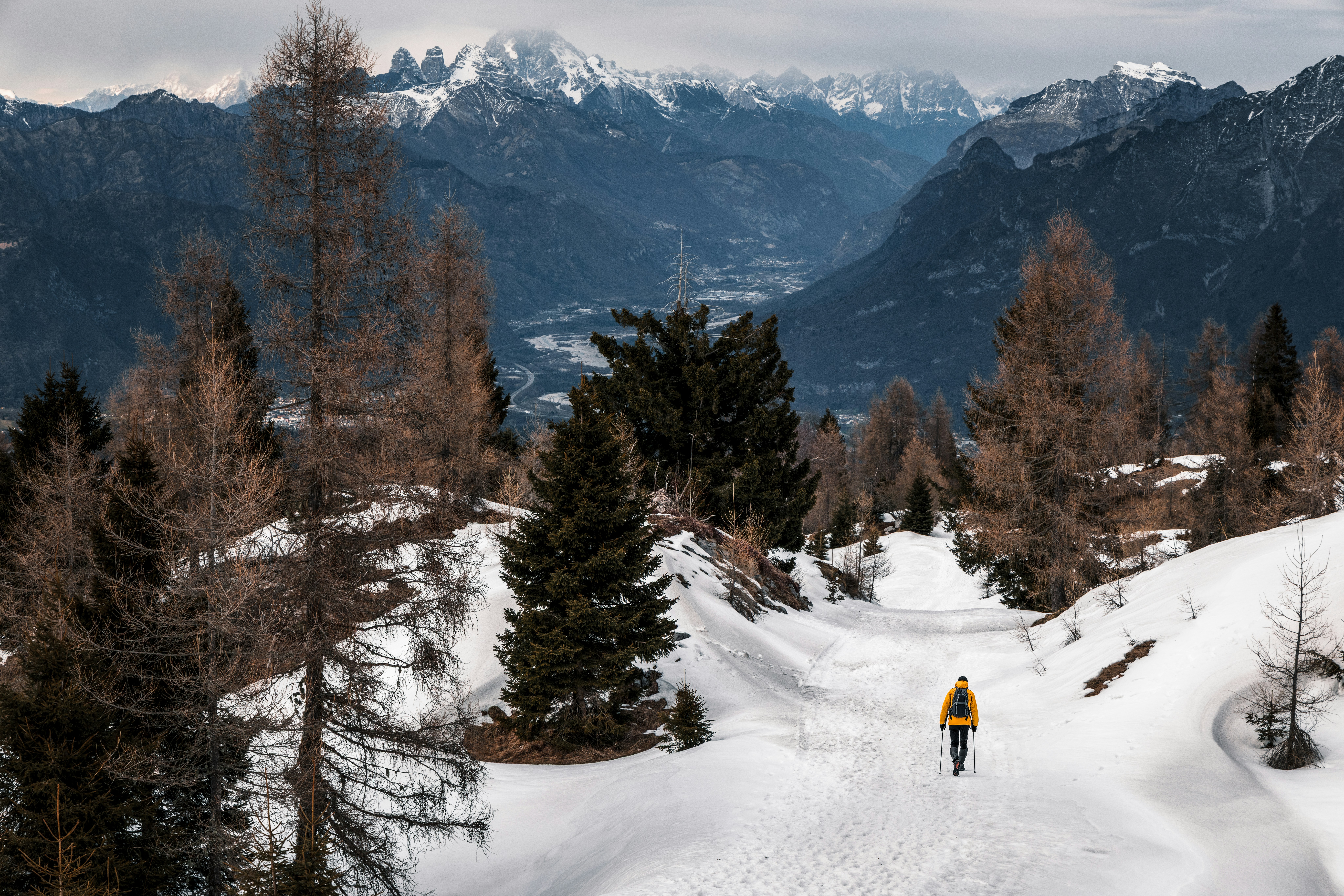 Person walking on a snowy mountain path with trees.
