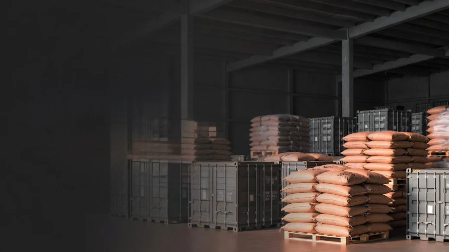 Kraft sacks of kernels stacked on pallets in the intake warehouse