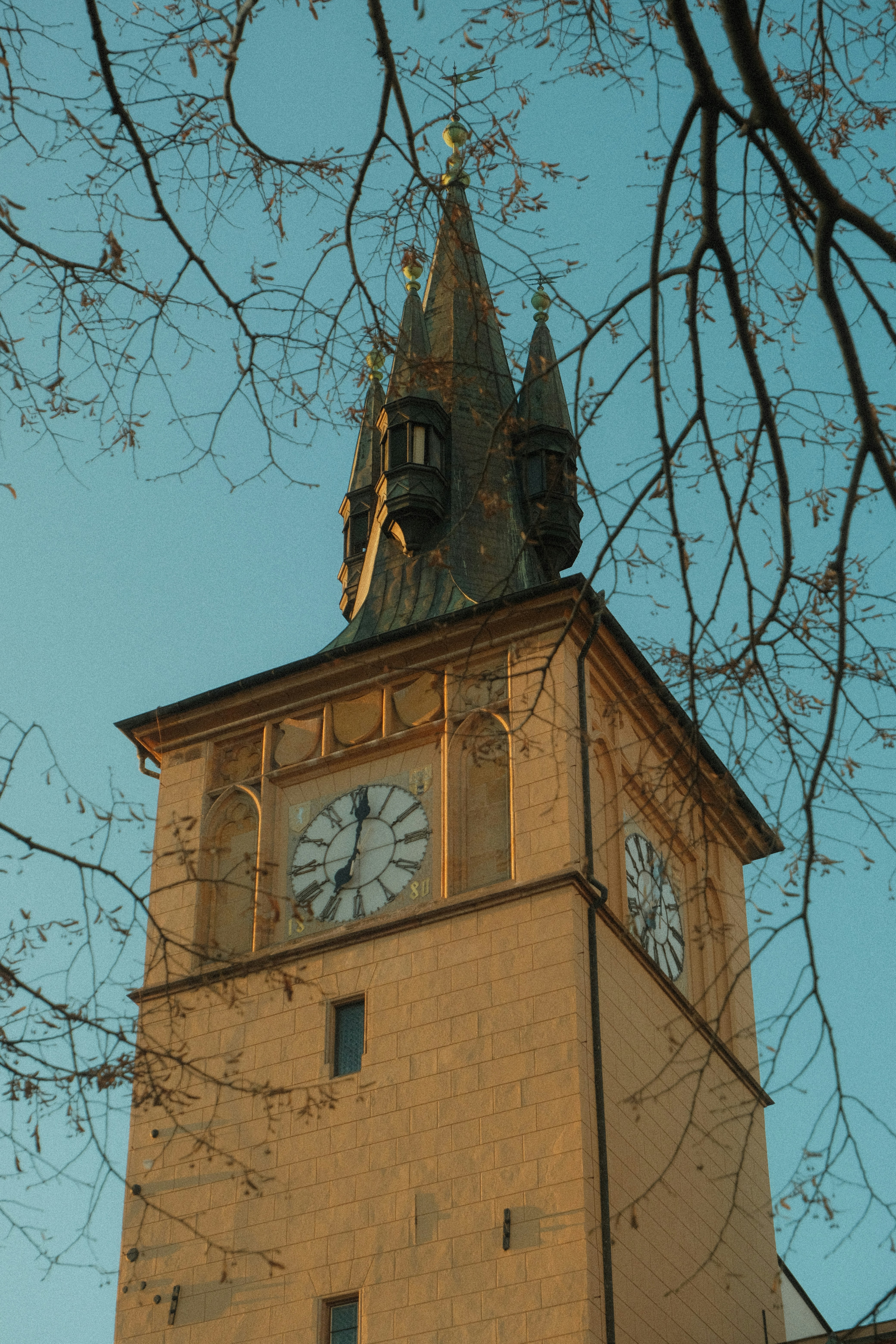 A clock tower with ornate spires against the sky
