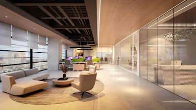 Modern office lounge area with contemporary furniture