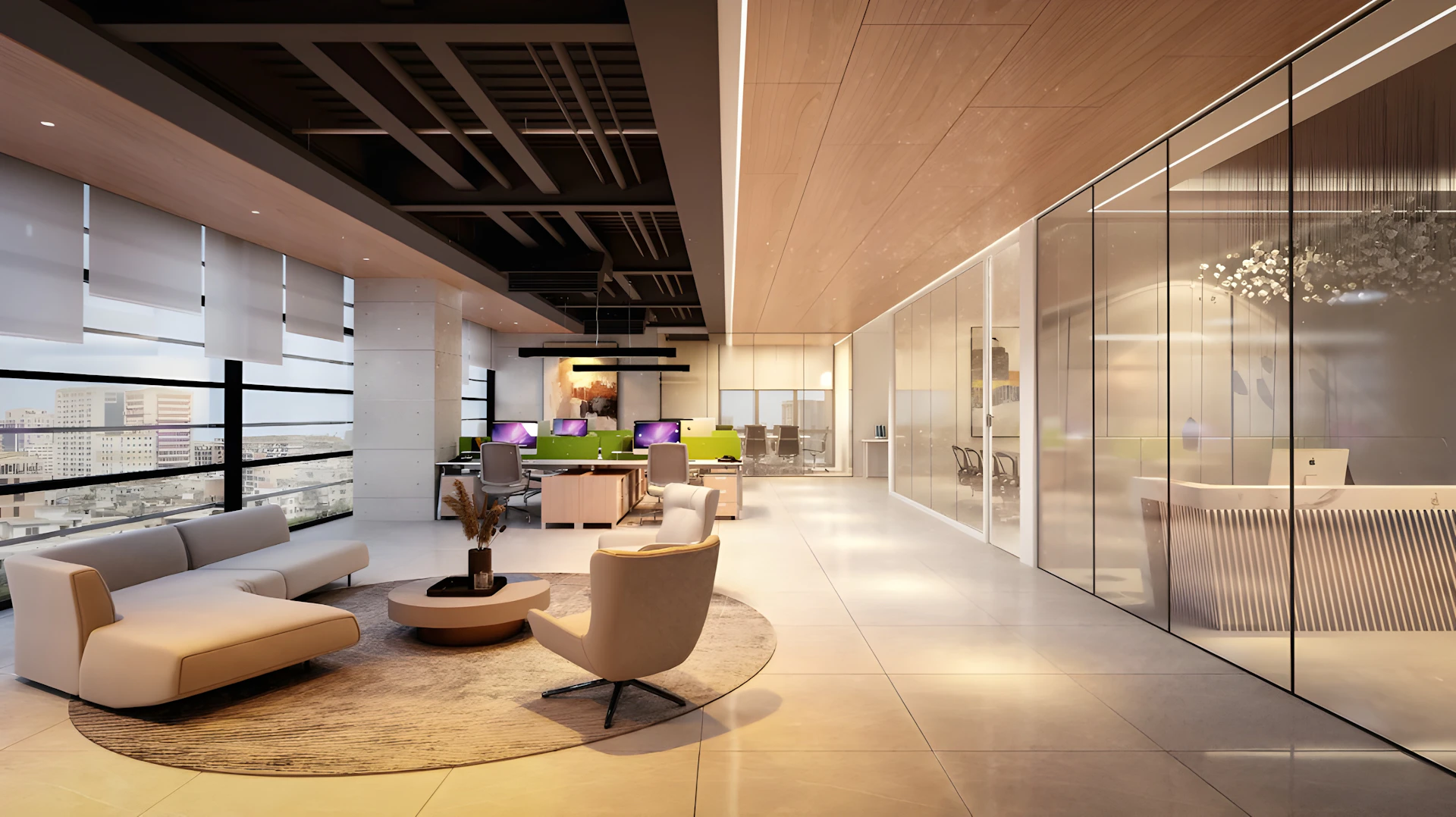 Modern office lounge area with contemporary furniture.