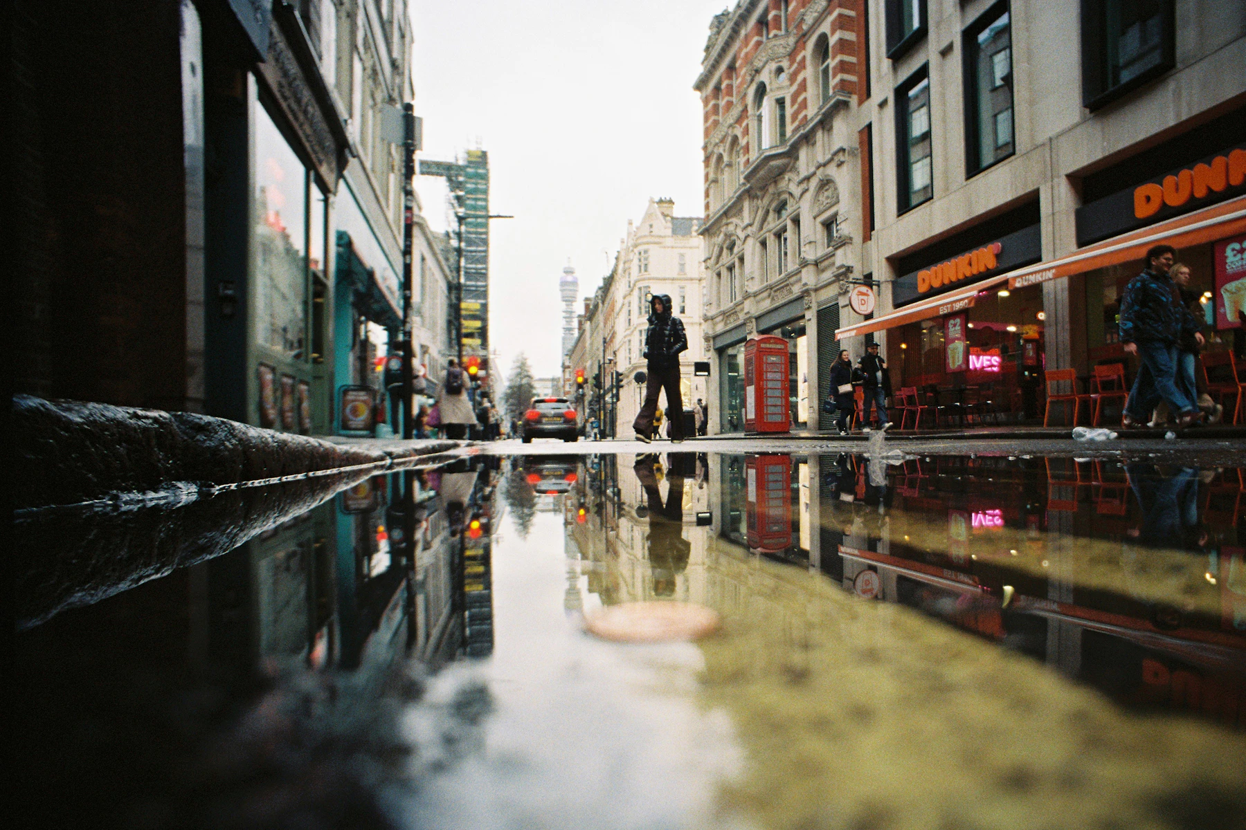 A characterful London street reflected in the rain
