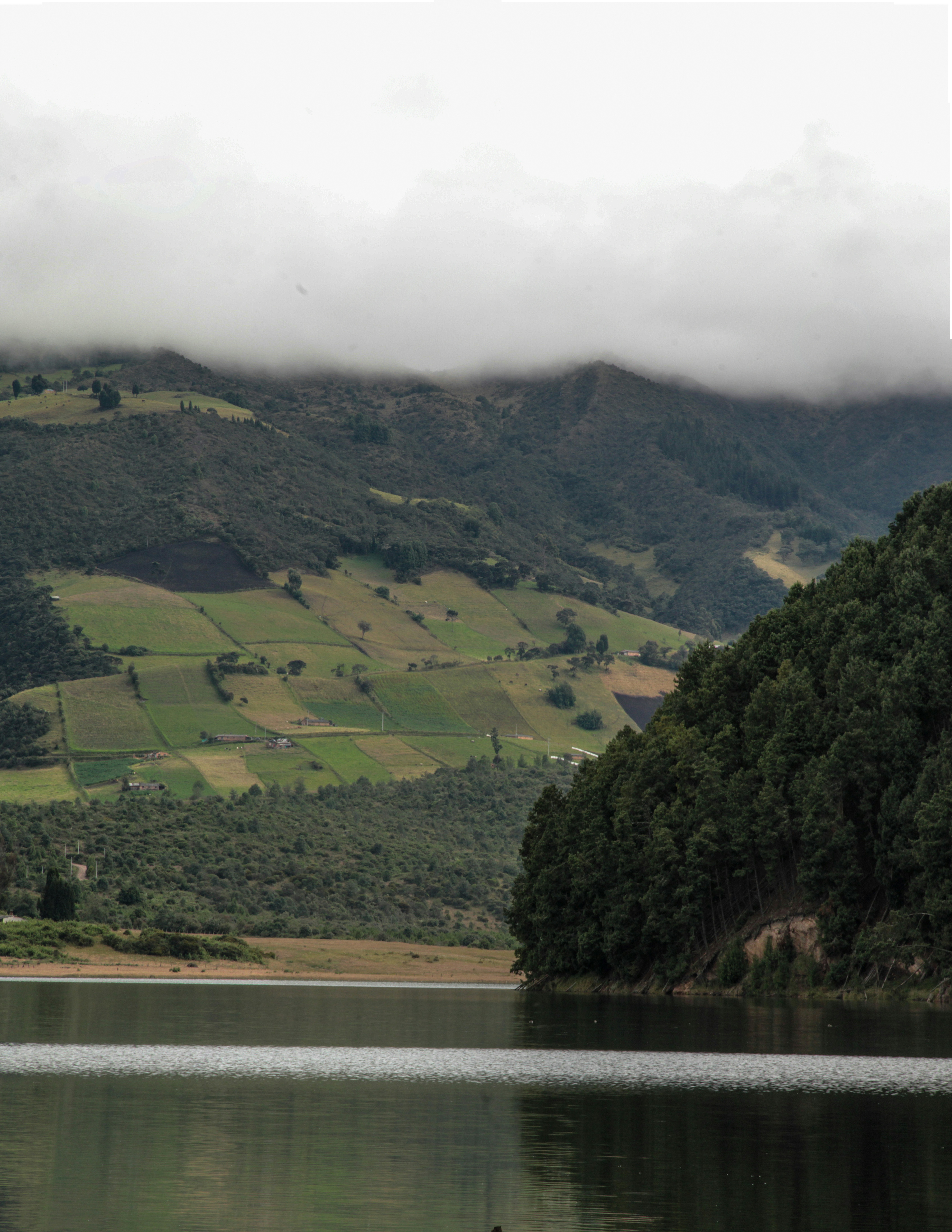 Un lago sereno con colinas verdes y montañas brumosas.