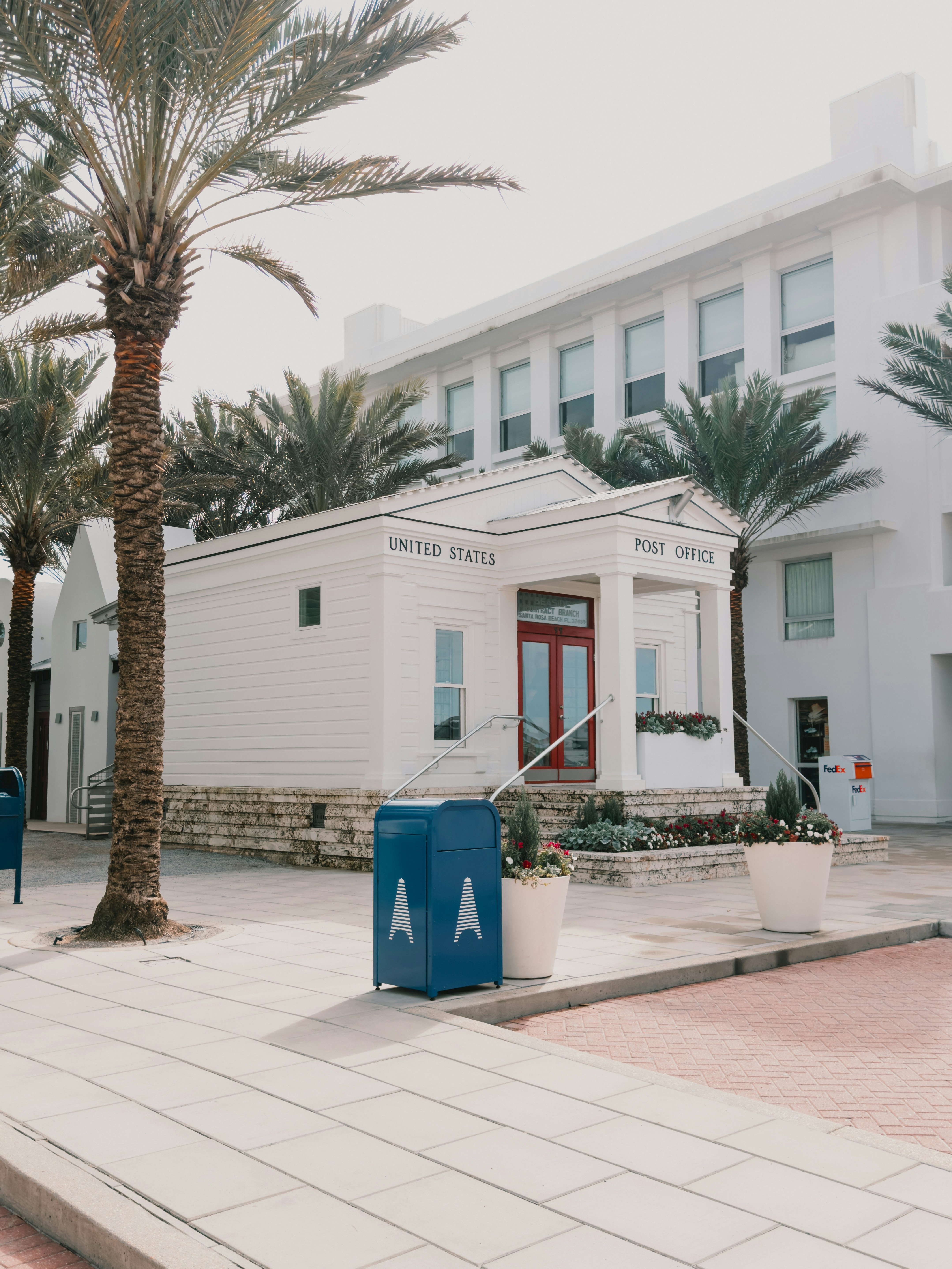 White building with palm trees and red doors.