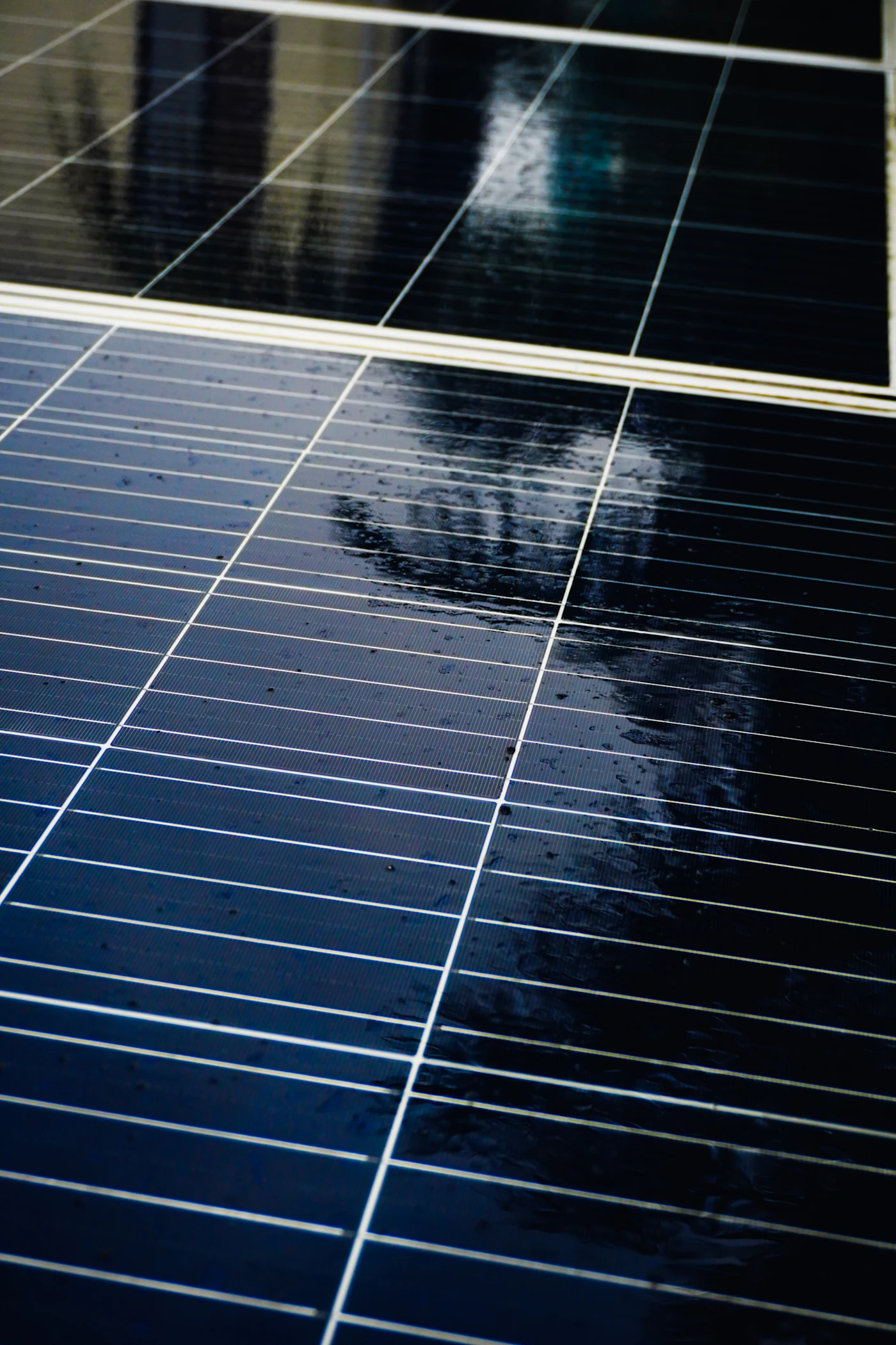 Frisch gereinigte, nasse Solarmodule, in denen sich der Himmel spiegelt
