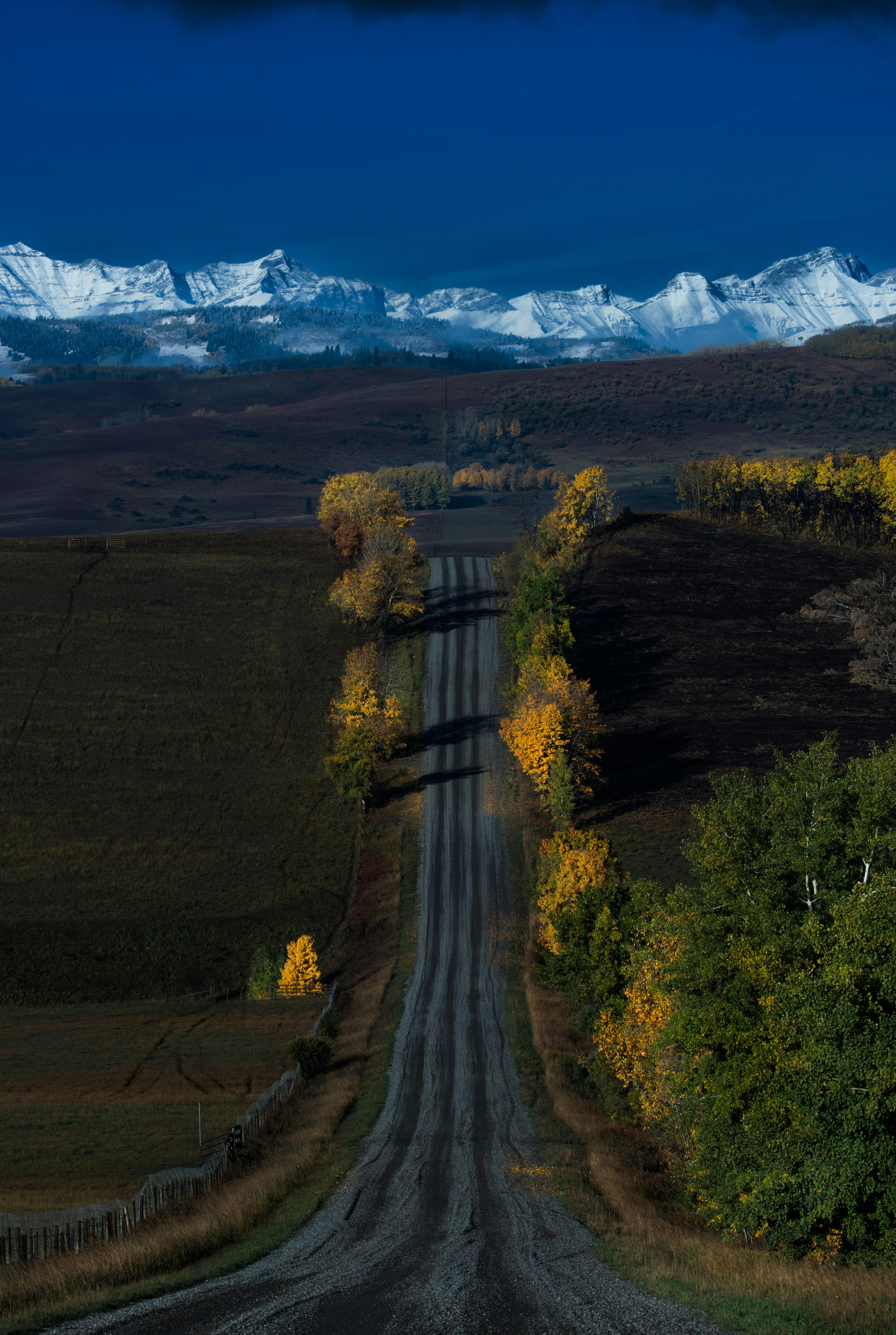 Gravel road leads to snow-capped mountains under blue sky