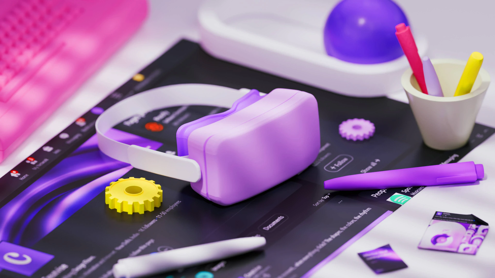 Purple vr headset on a desk with accessories