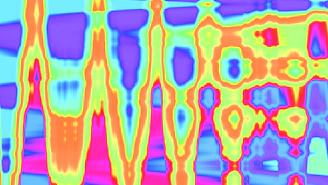 Abstract colorful wavy pattern with purple, blue, green, and orange.