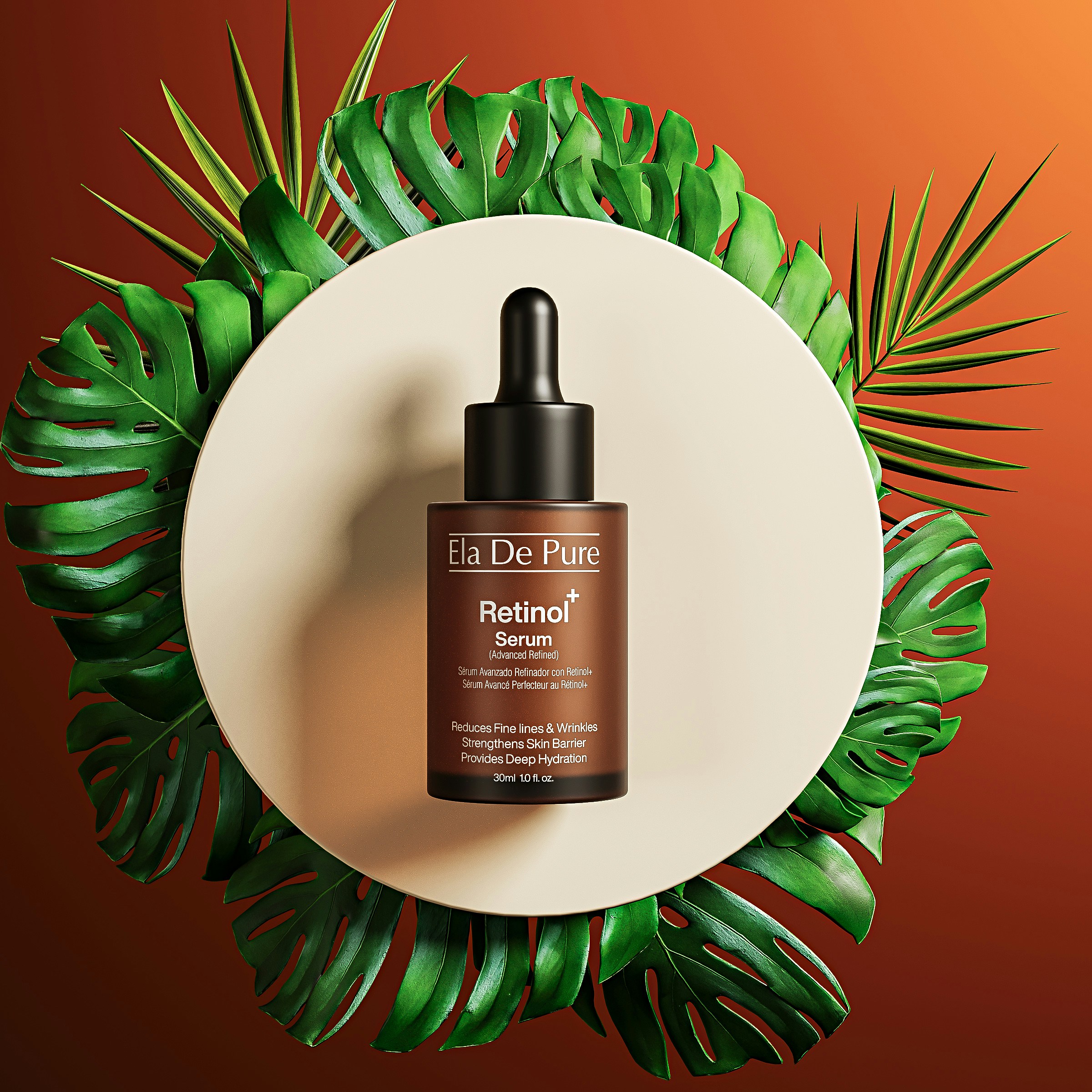 Retinol serum bottle surrounded by tropical leaves
