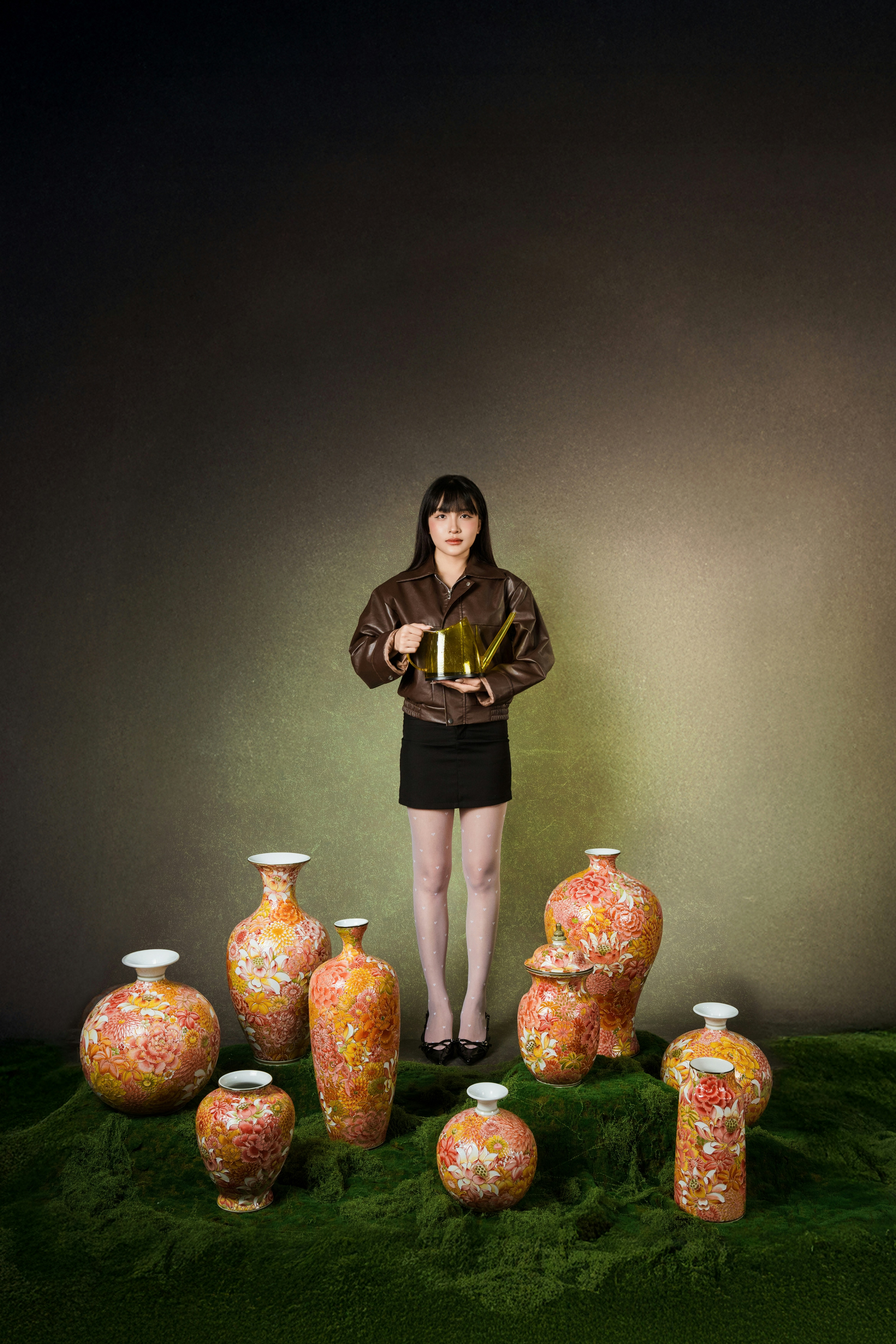 Woman with watering can surrounded by ornate vases