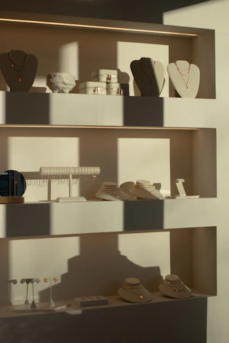 Display shelves filled with elegant jewelry and accessories.