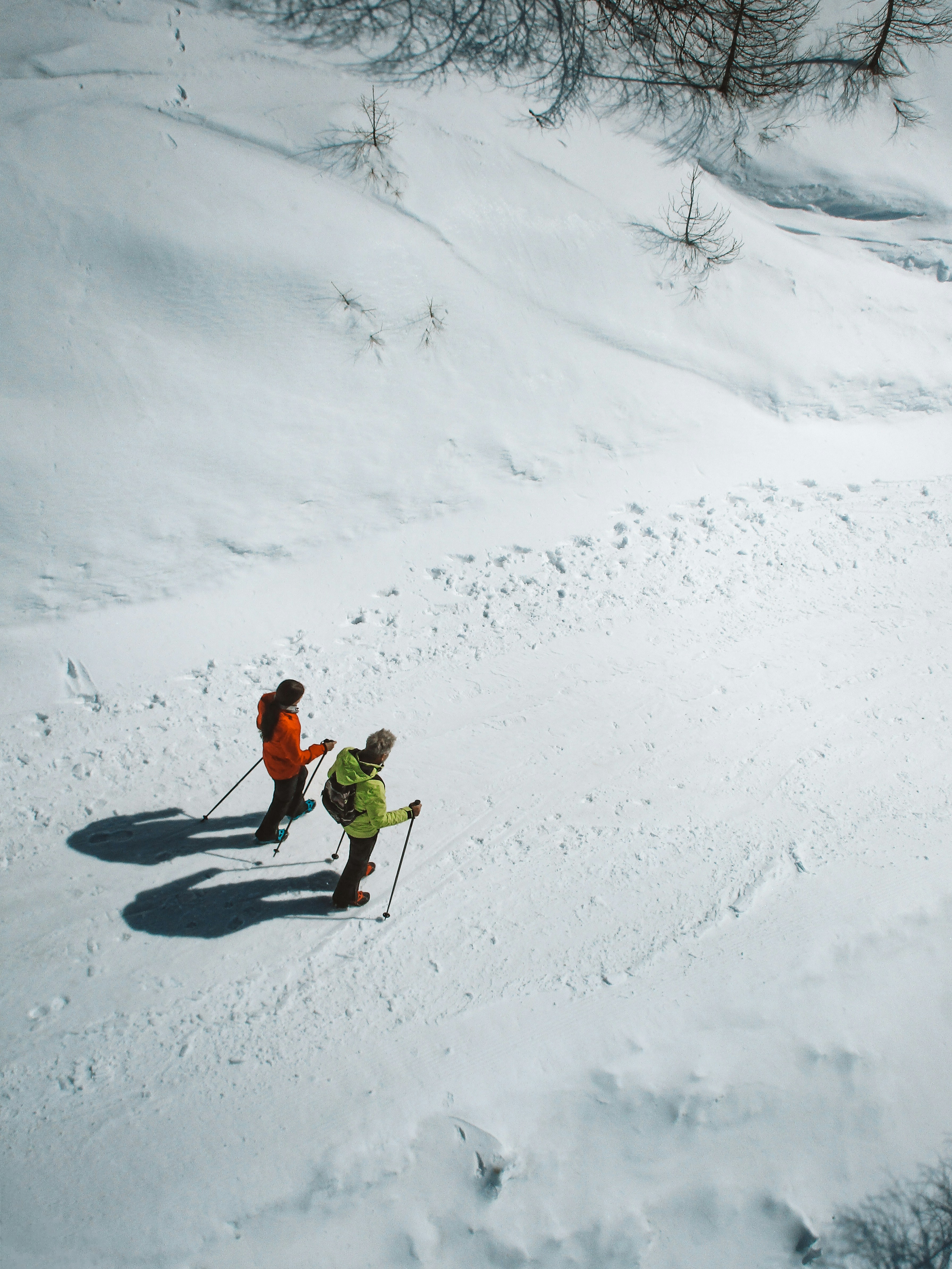 Two hikers with poles walk on a snowy mountainside.