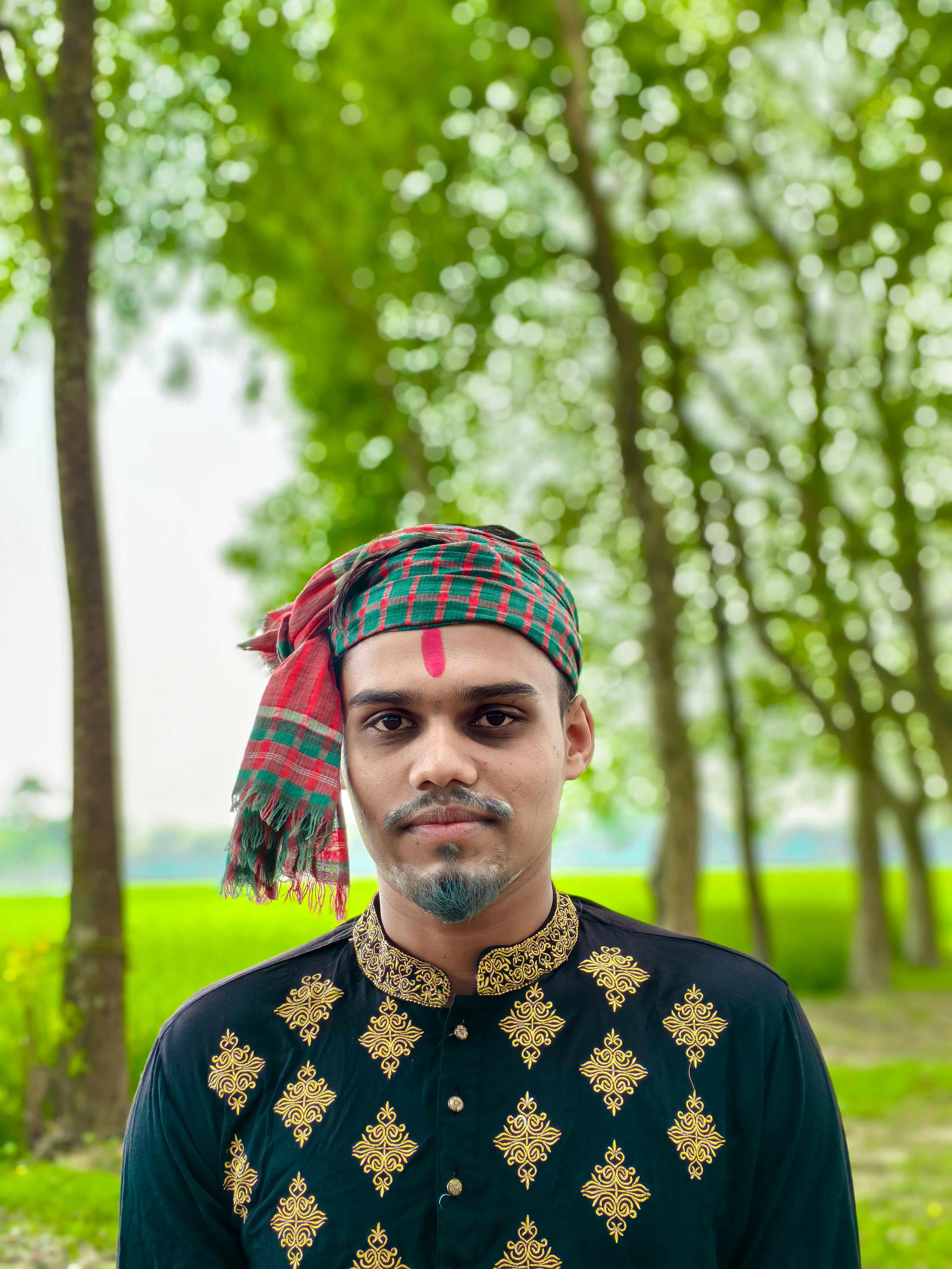 Young man in traditional attire with festive forehead marking.