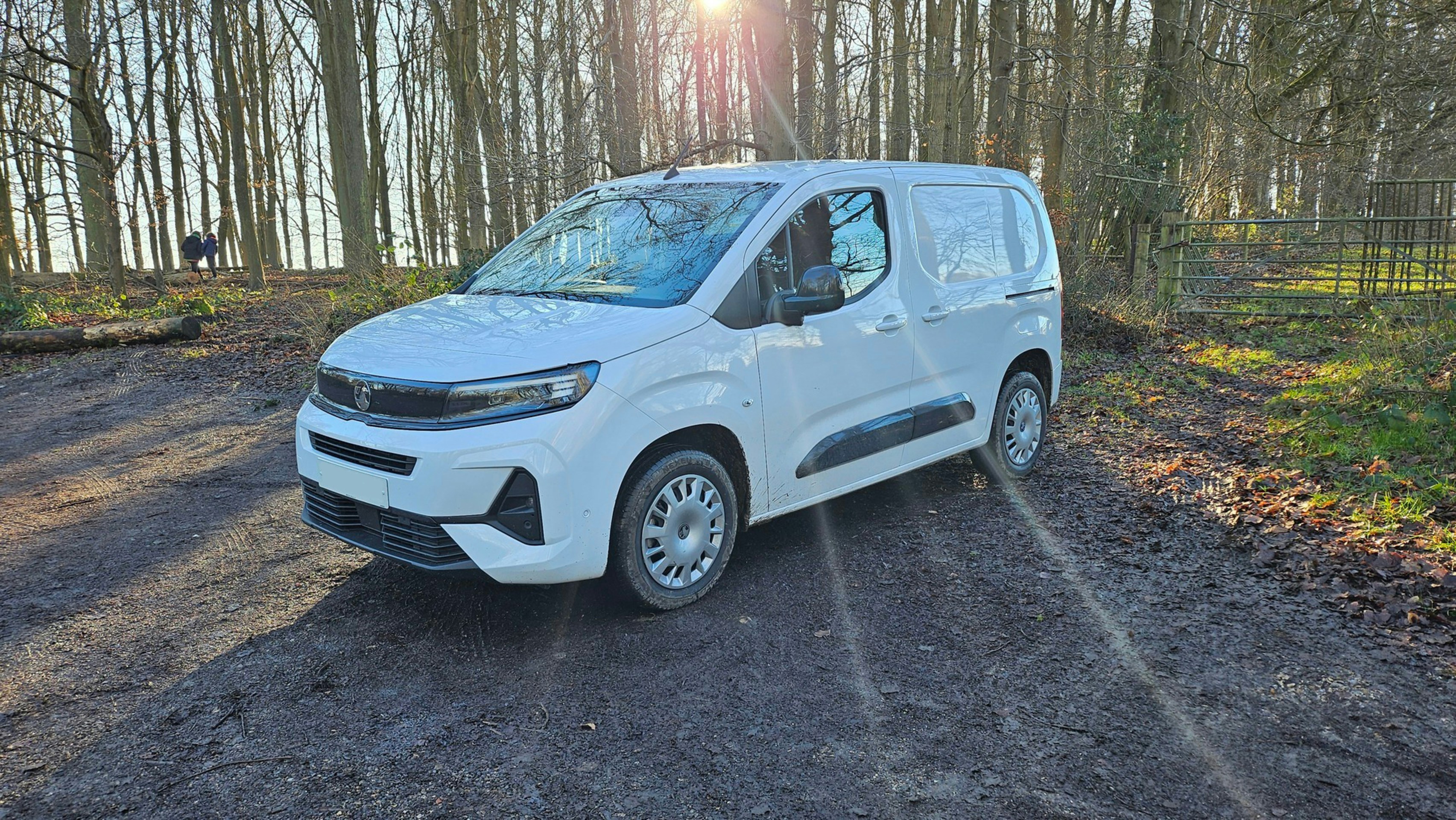 Van de carga branca estacionada em uma estrada de terra na floresta.