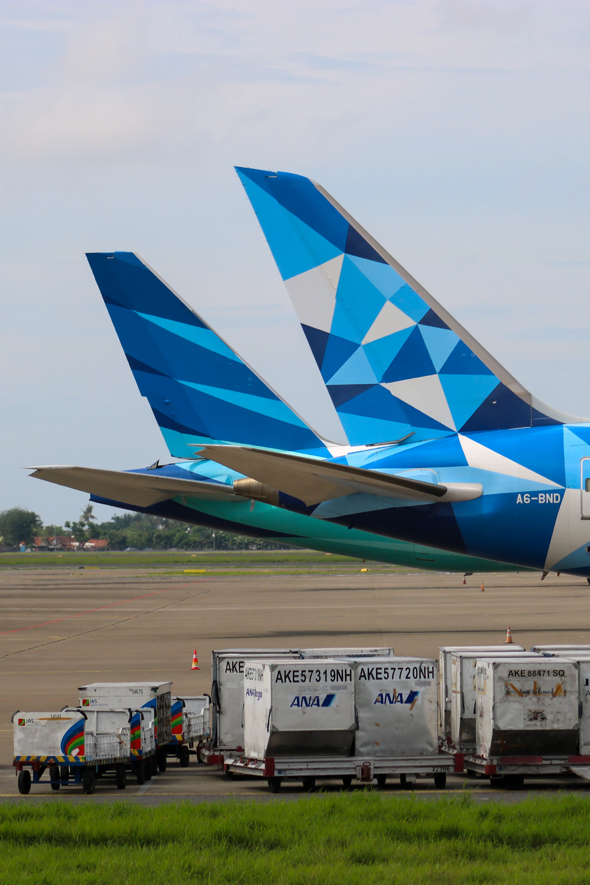 Two airplane tails with geometric blue patterns
