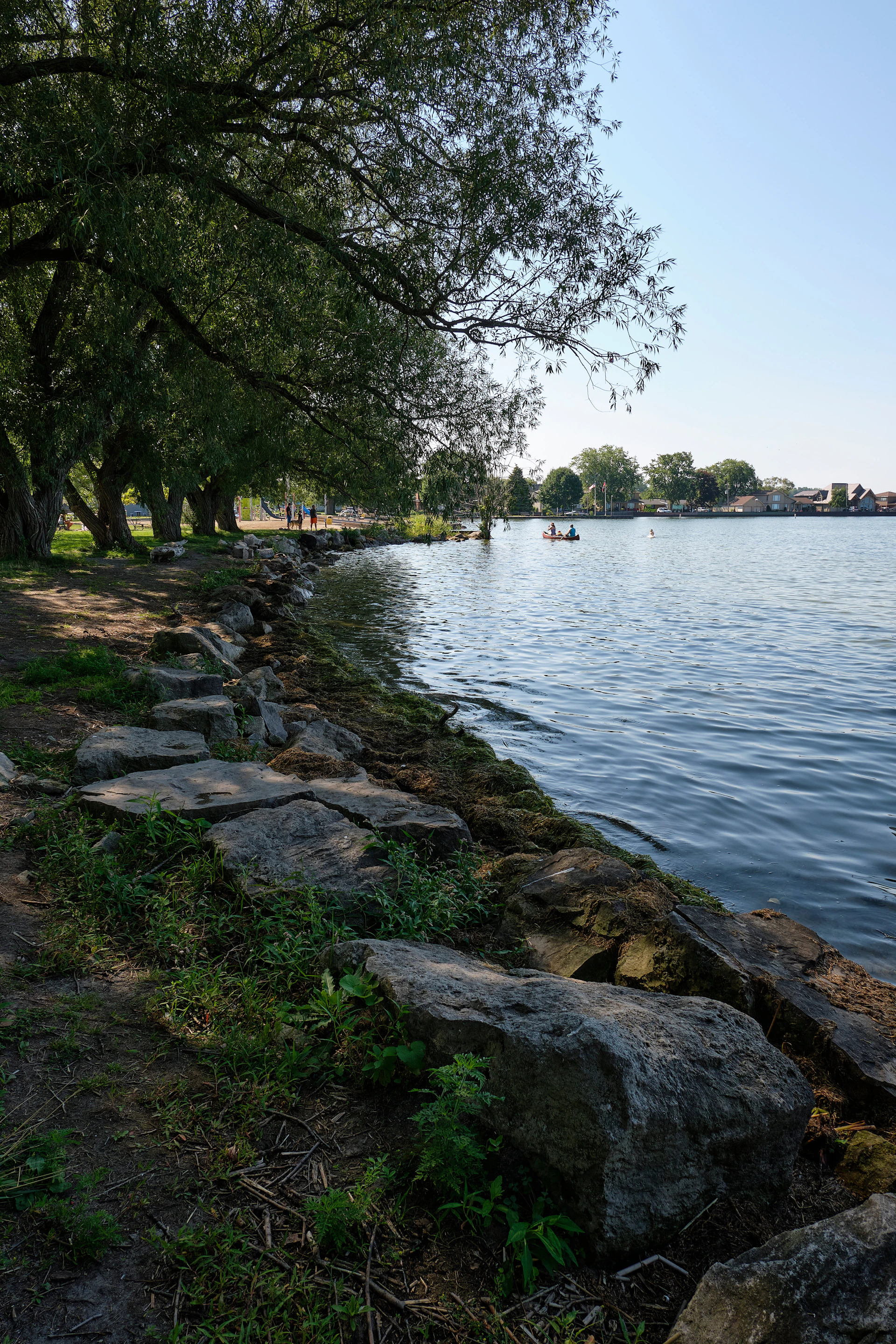 Rocky shoreline with trees and people in the water.