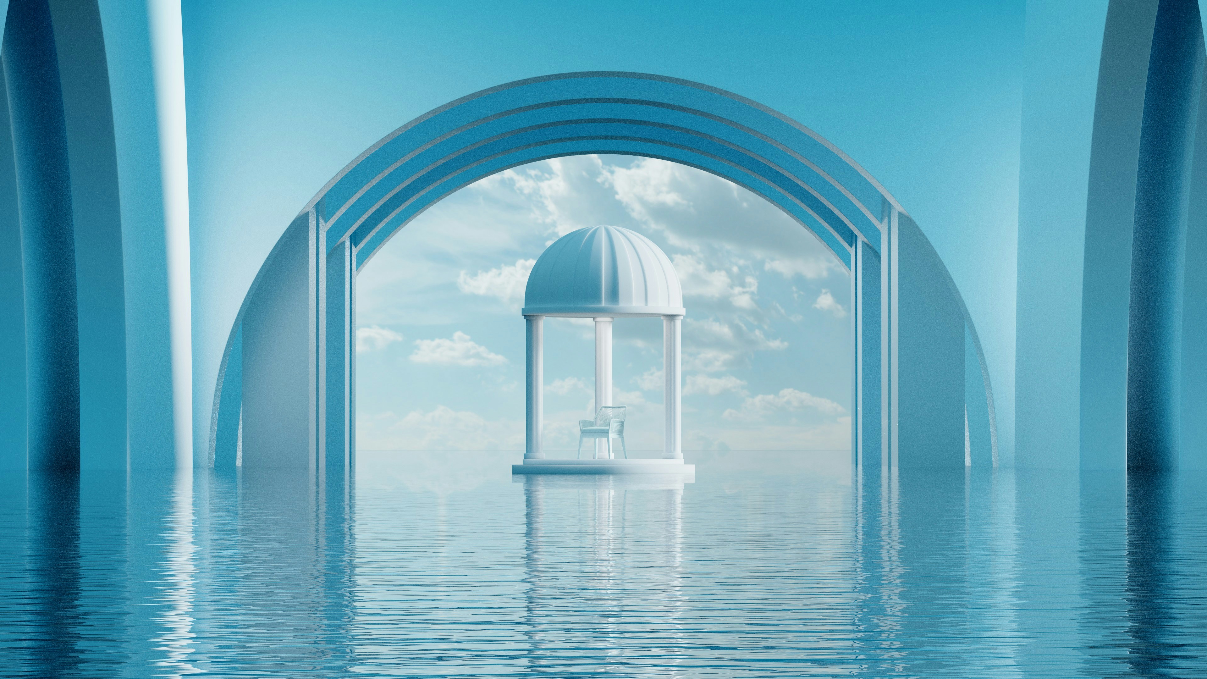 An ethereal pavilion surrounded by water under a cloudy sky.