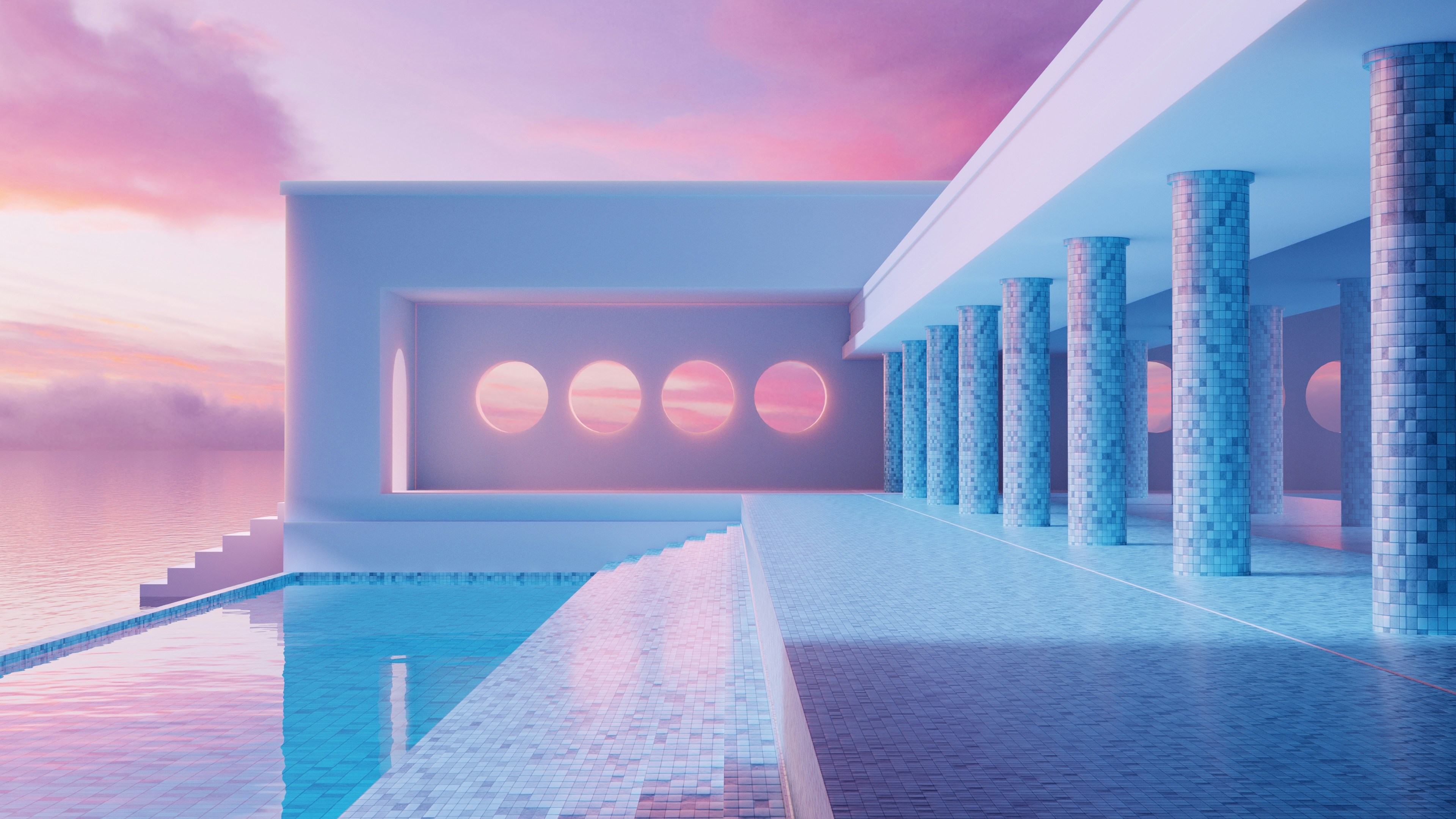 Modern architecture with columns and swimming pool at sunset