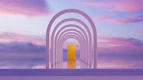 Archway leading to a golden door at sunset