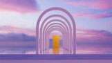 Archway leading to a golden door at sunset
