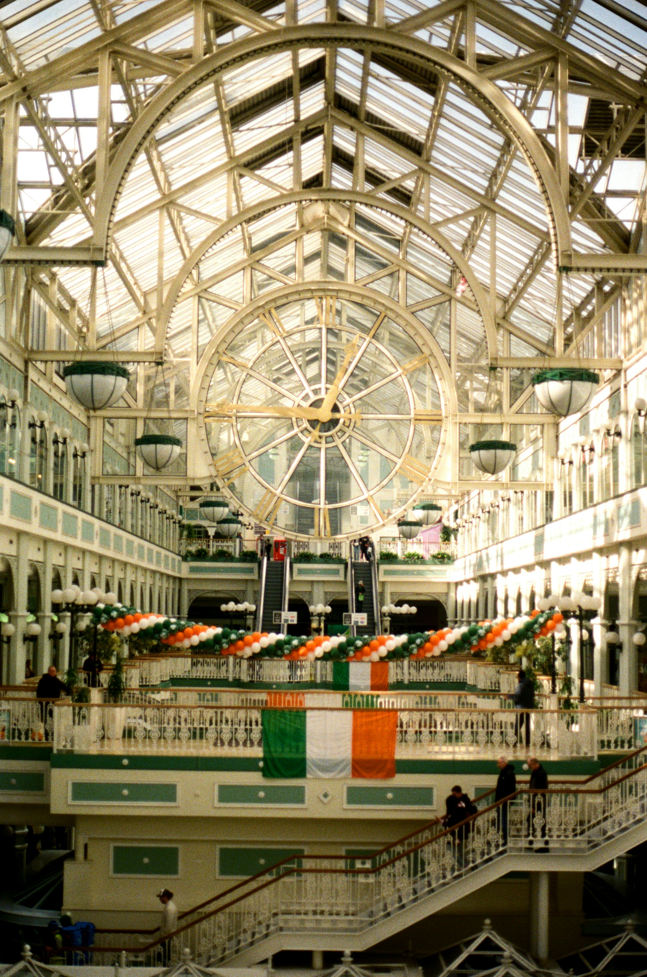 Interior of a grand building with a large clock