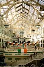 Interior of a grand building with a large clock