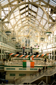 Interior of a grand building with a large clock