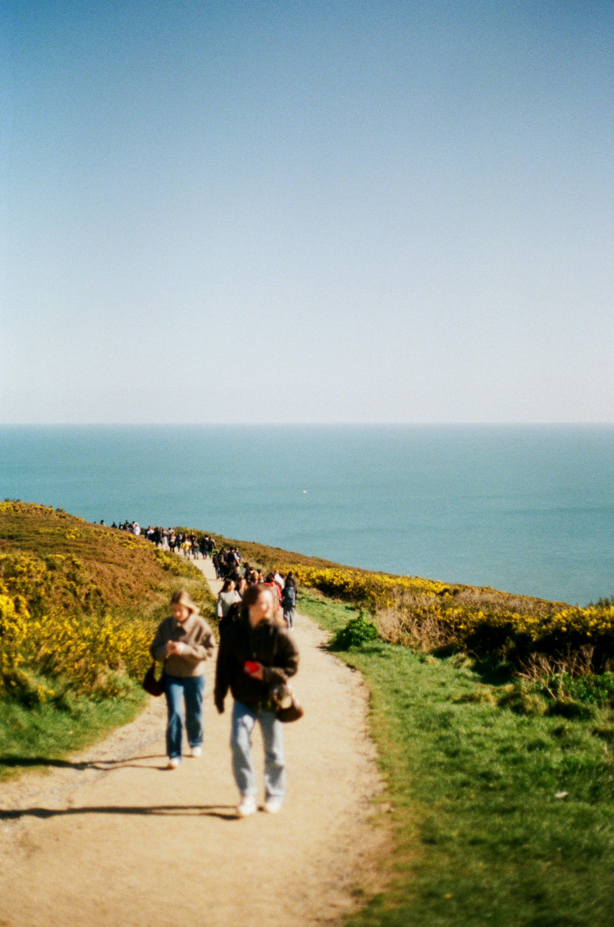 People walk on a coastal path overlooking the ocean.