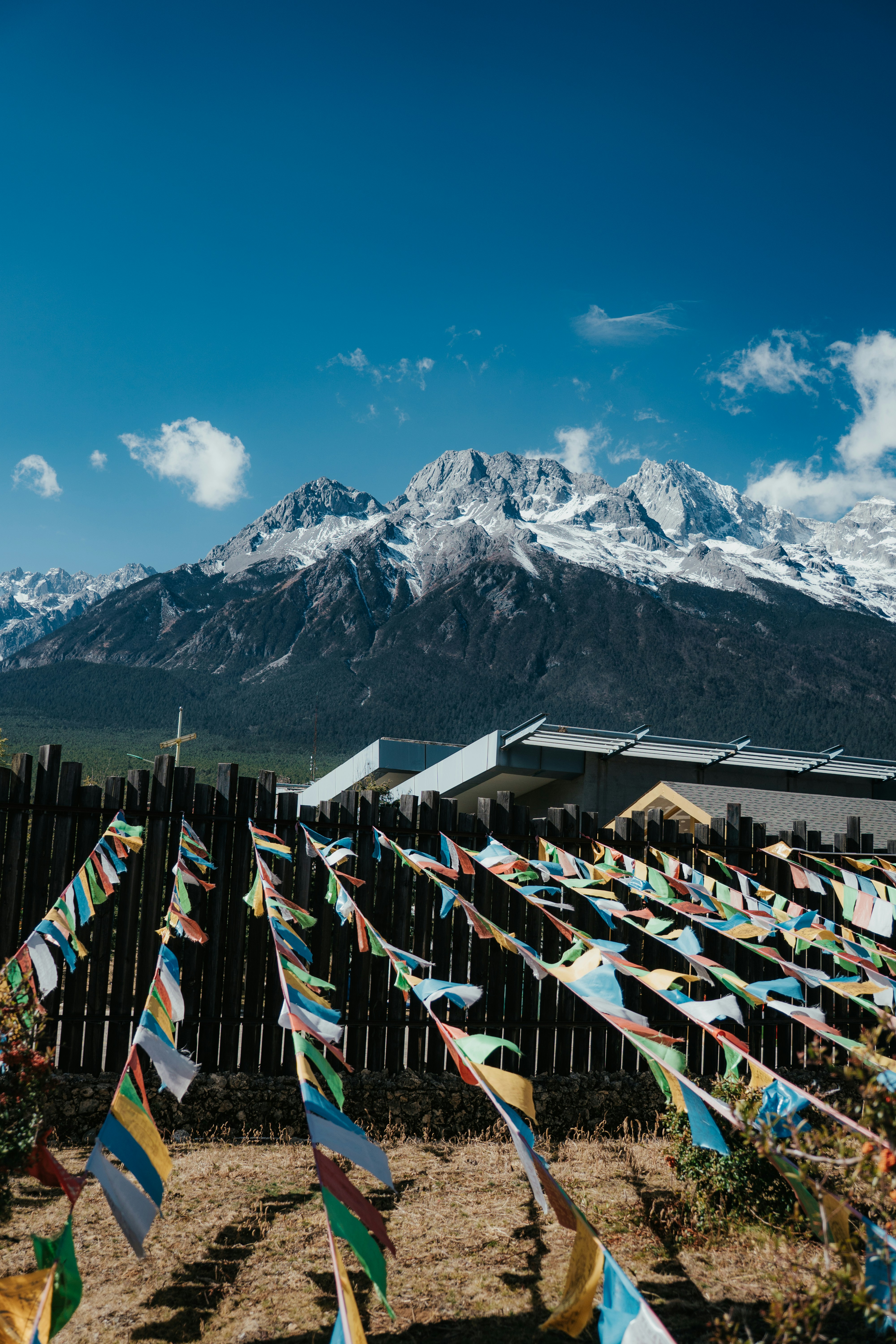 Coloridas banderas de oración ondean con montañas nevadas detrás.