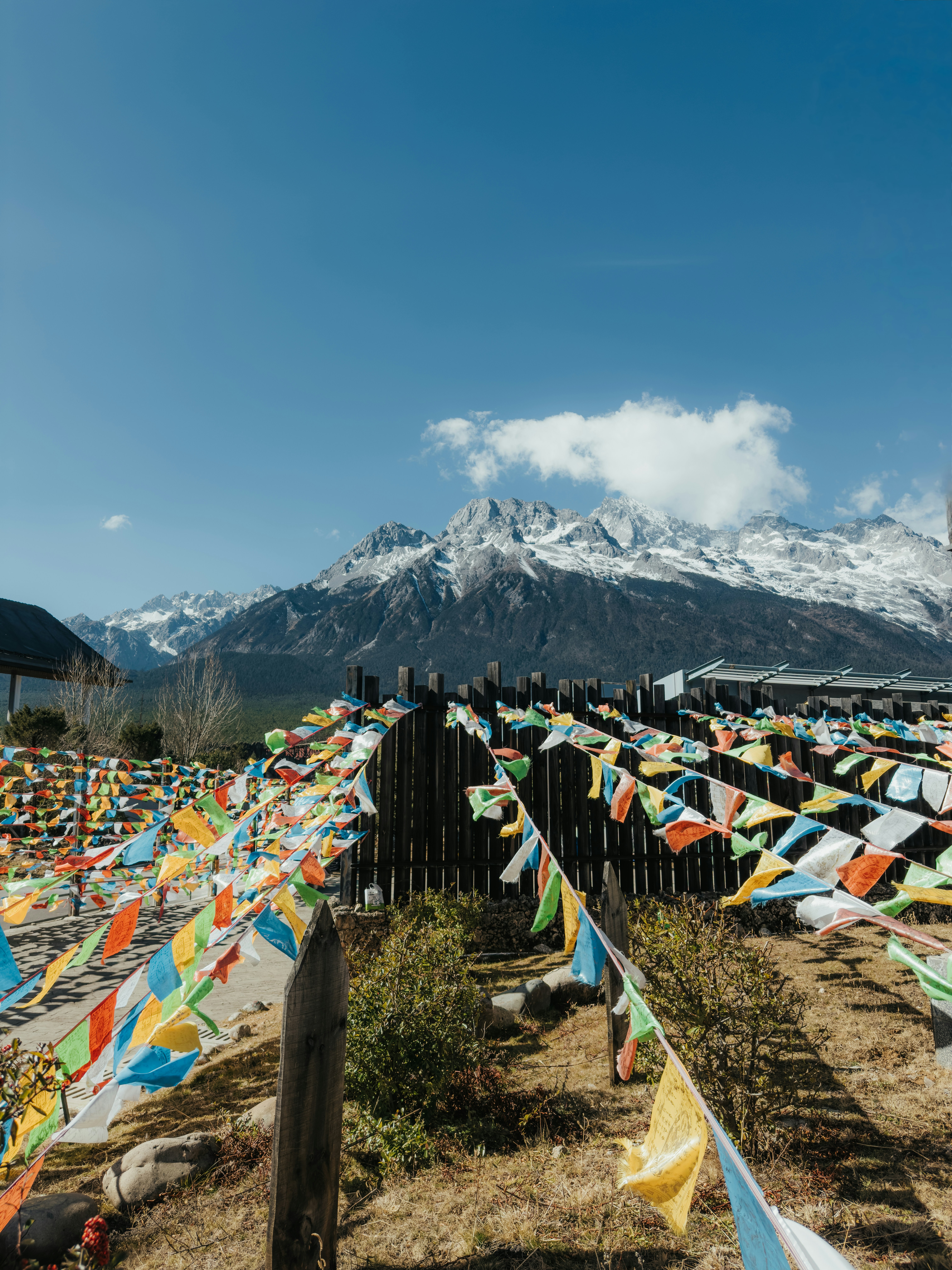 Coloridas banderas de oración ondean con montañas nevadas detrás.