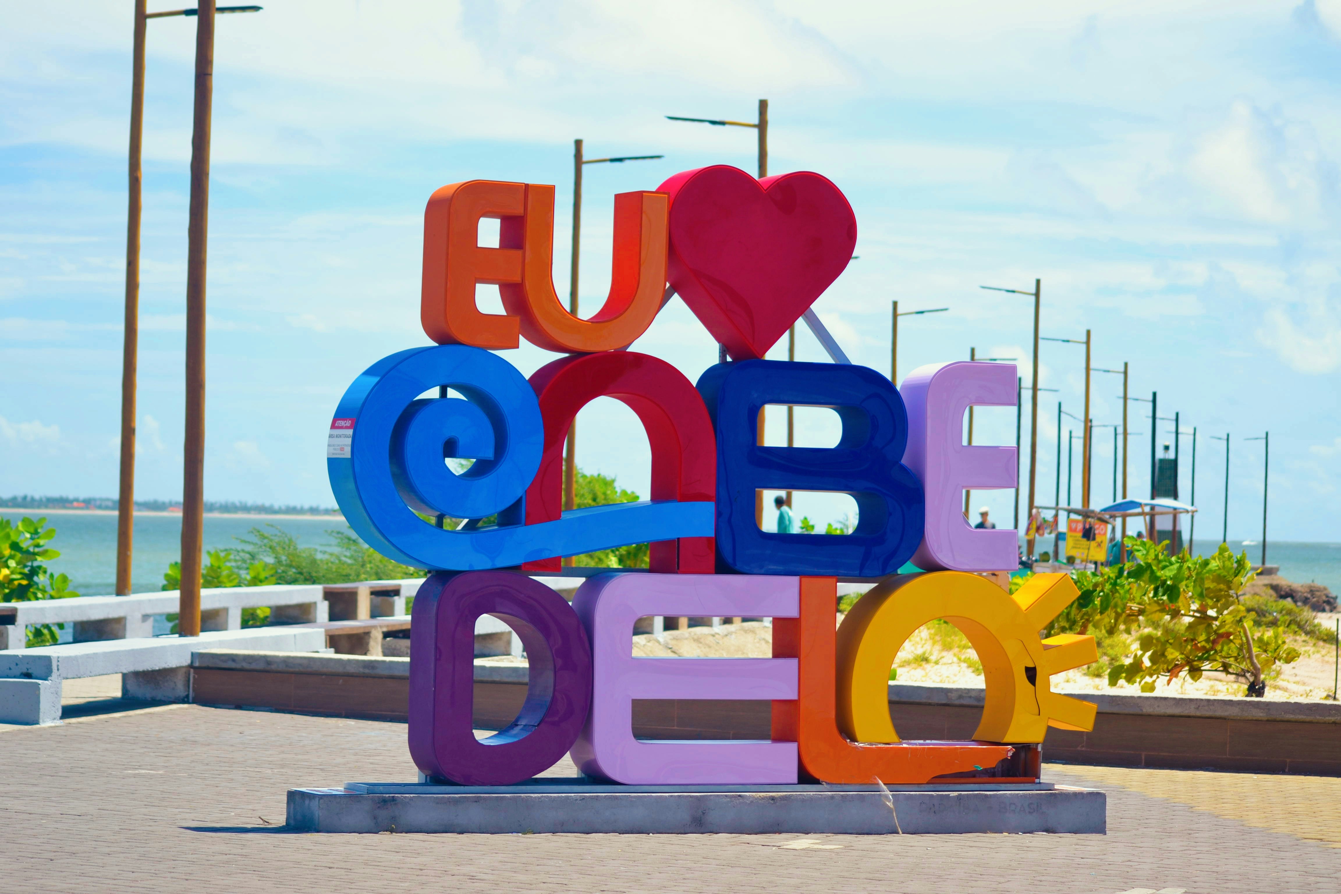 Colorful sculpture spelling \