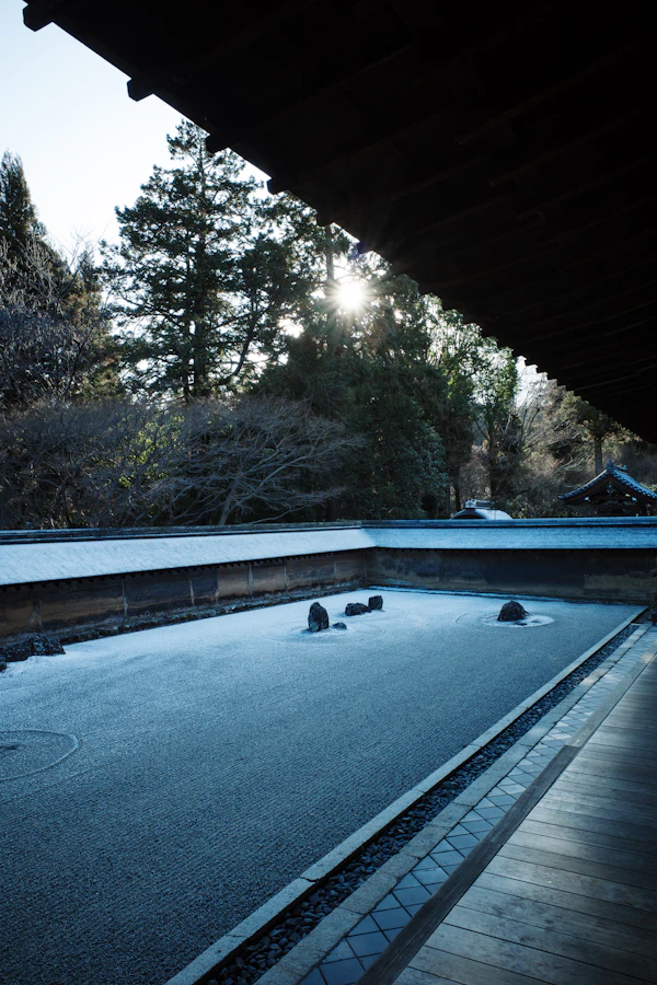 Raked gravel and stones at Ryōan-ji’s rock garden in Kyoto.