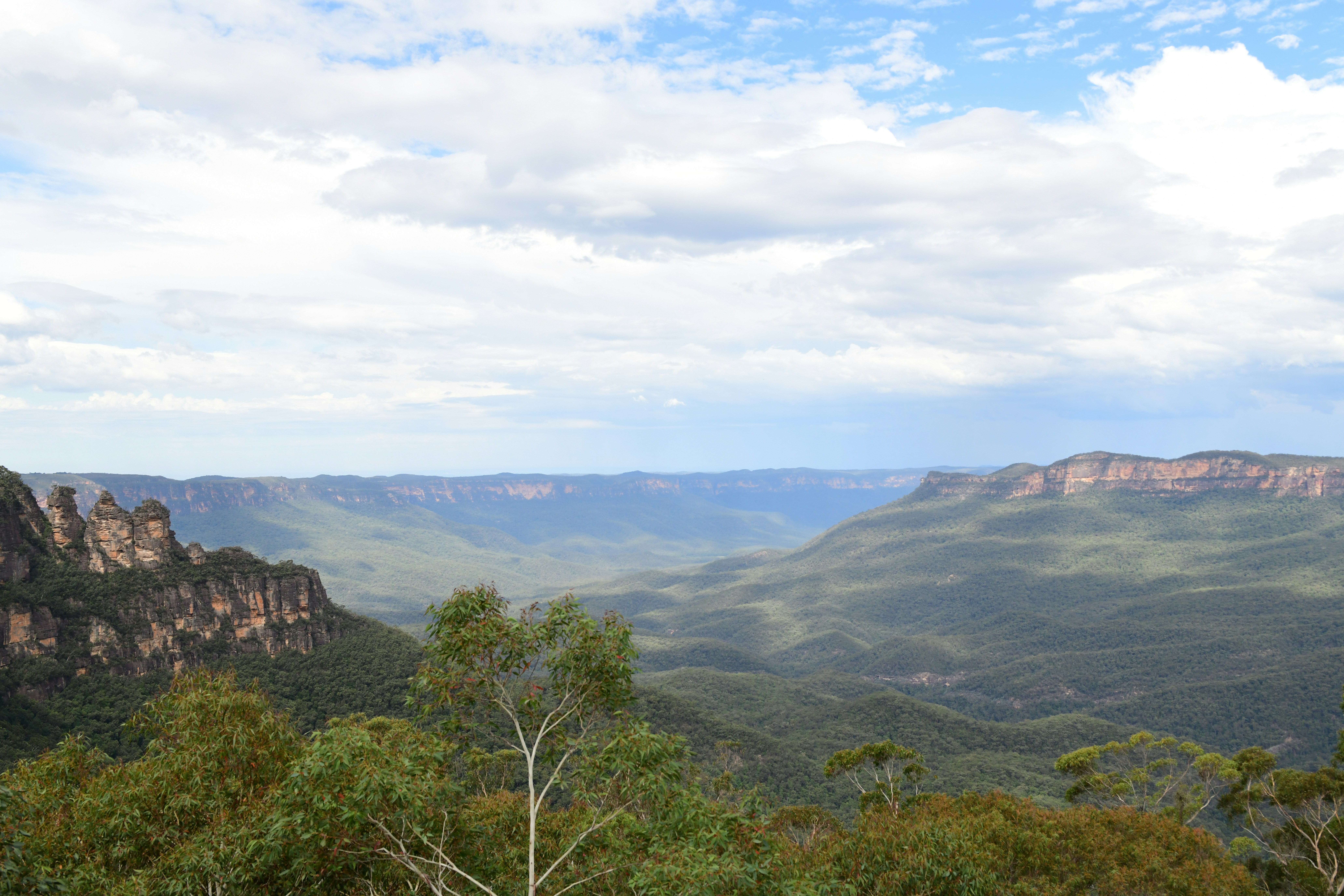 Vast green valley with rocky cliffs under a cloudy sky