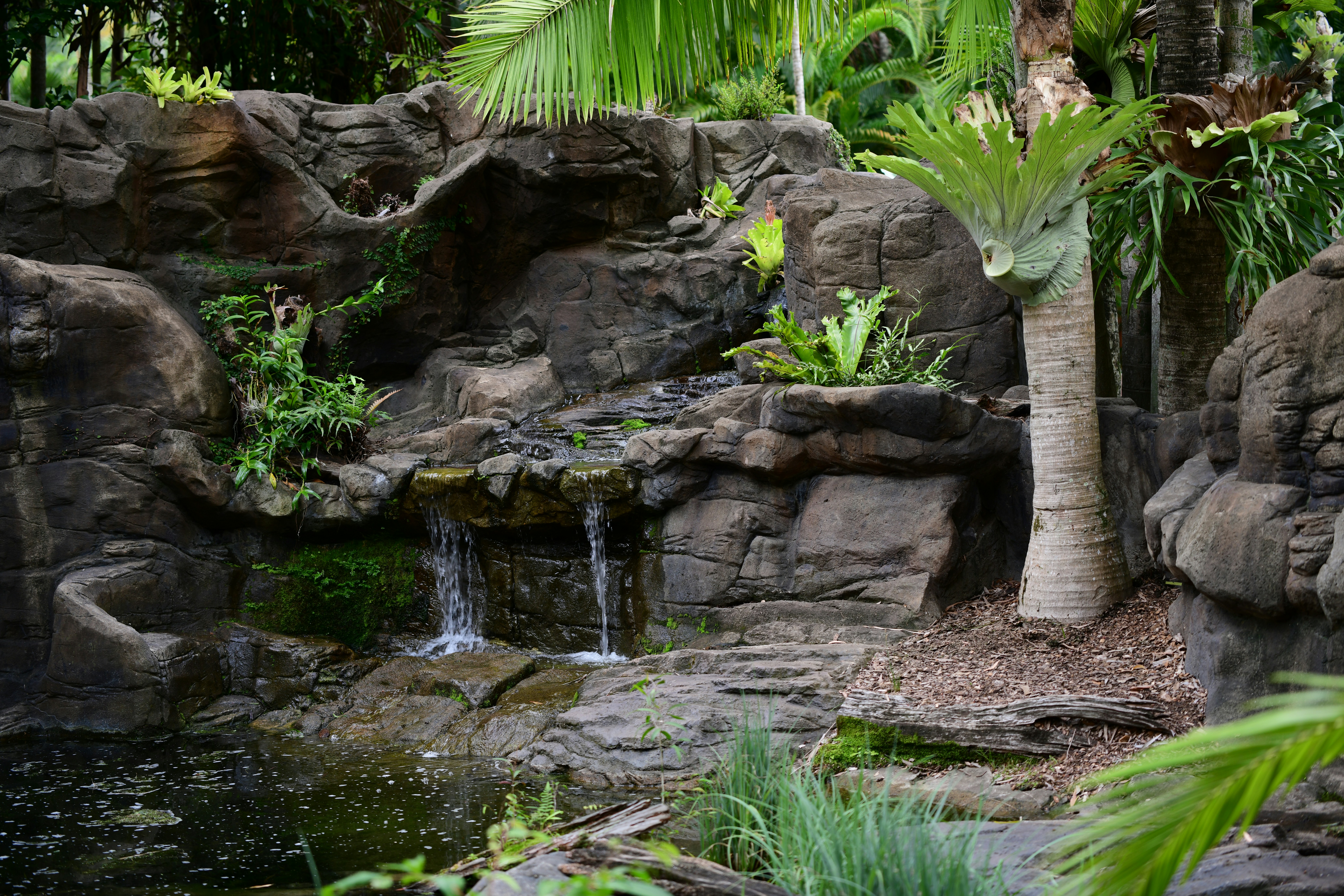 Small waterfalls cascade over rocks into a pond