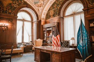 Elegant office with american flag and presidential desk