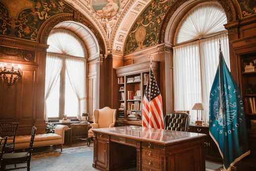 Elegant office with american flag and presidential desk