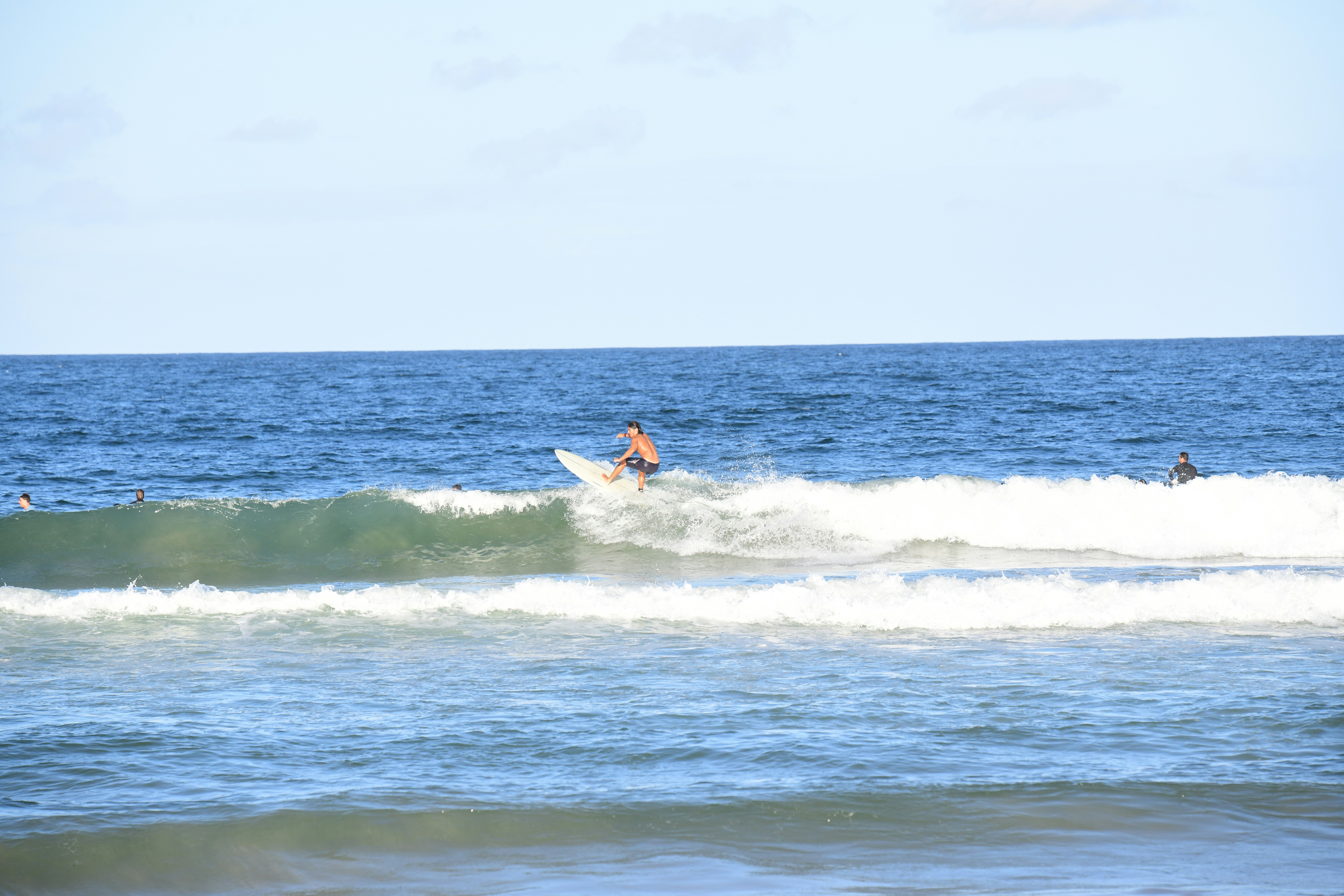 Surfer riding a wave on a sunny day