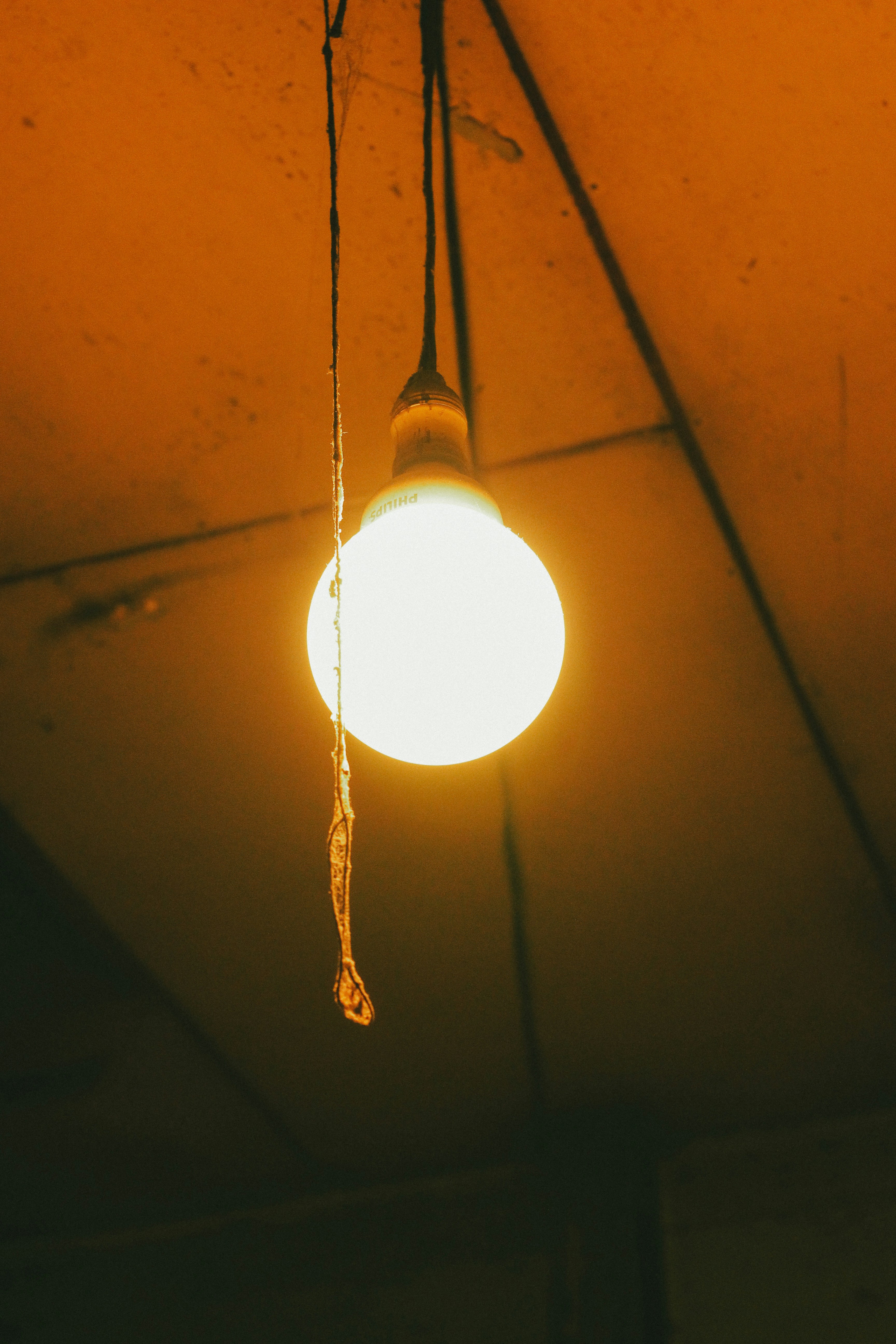 Una sola bombilla ilumina una habitación oscura.