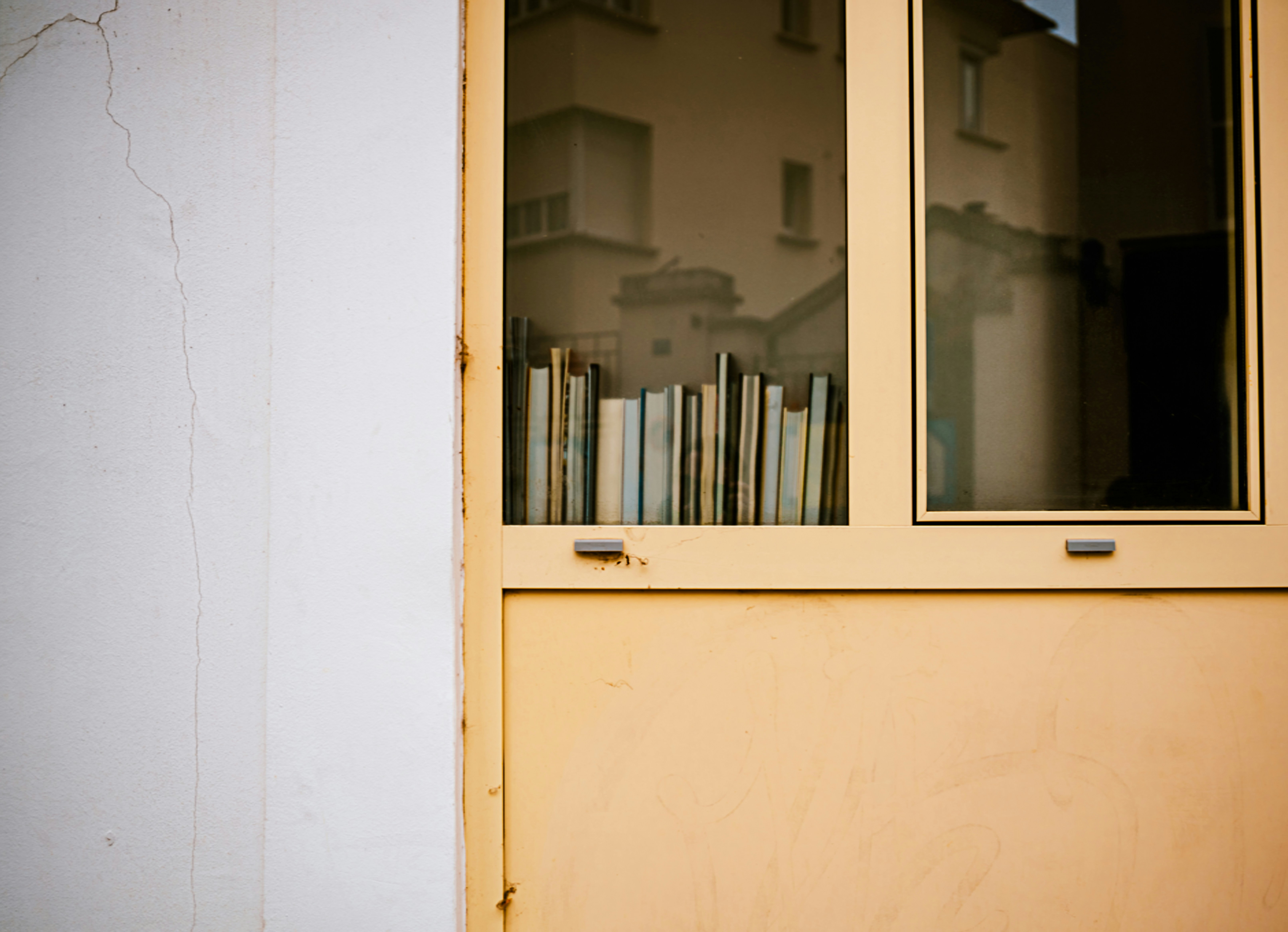 Books lined up on a shelf in a window