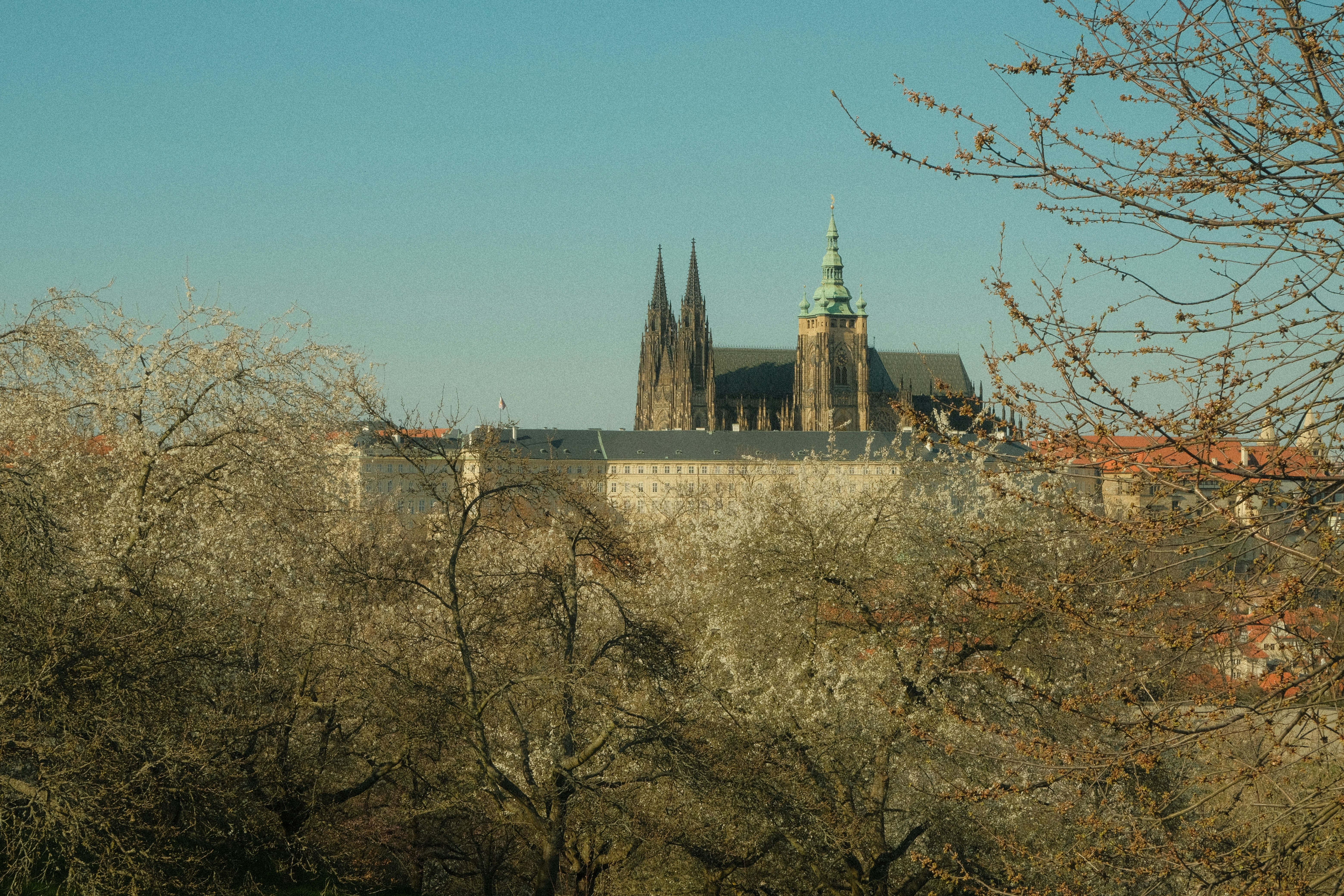 Gothic cathedral with spires against blue sky.